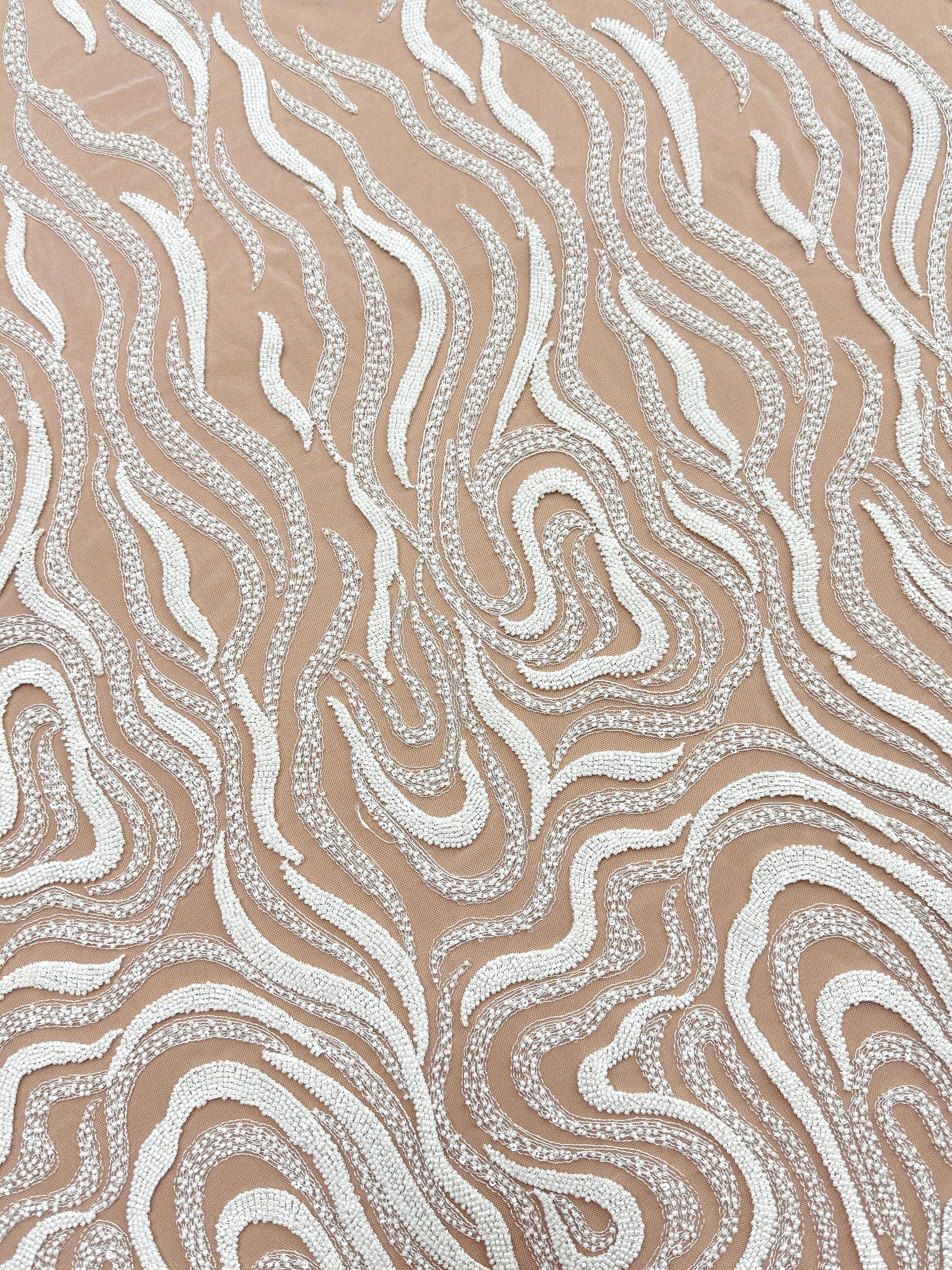 Dantela Ivory cu Model Geometric, cu Margele si Paiete
