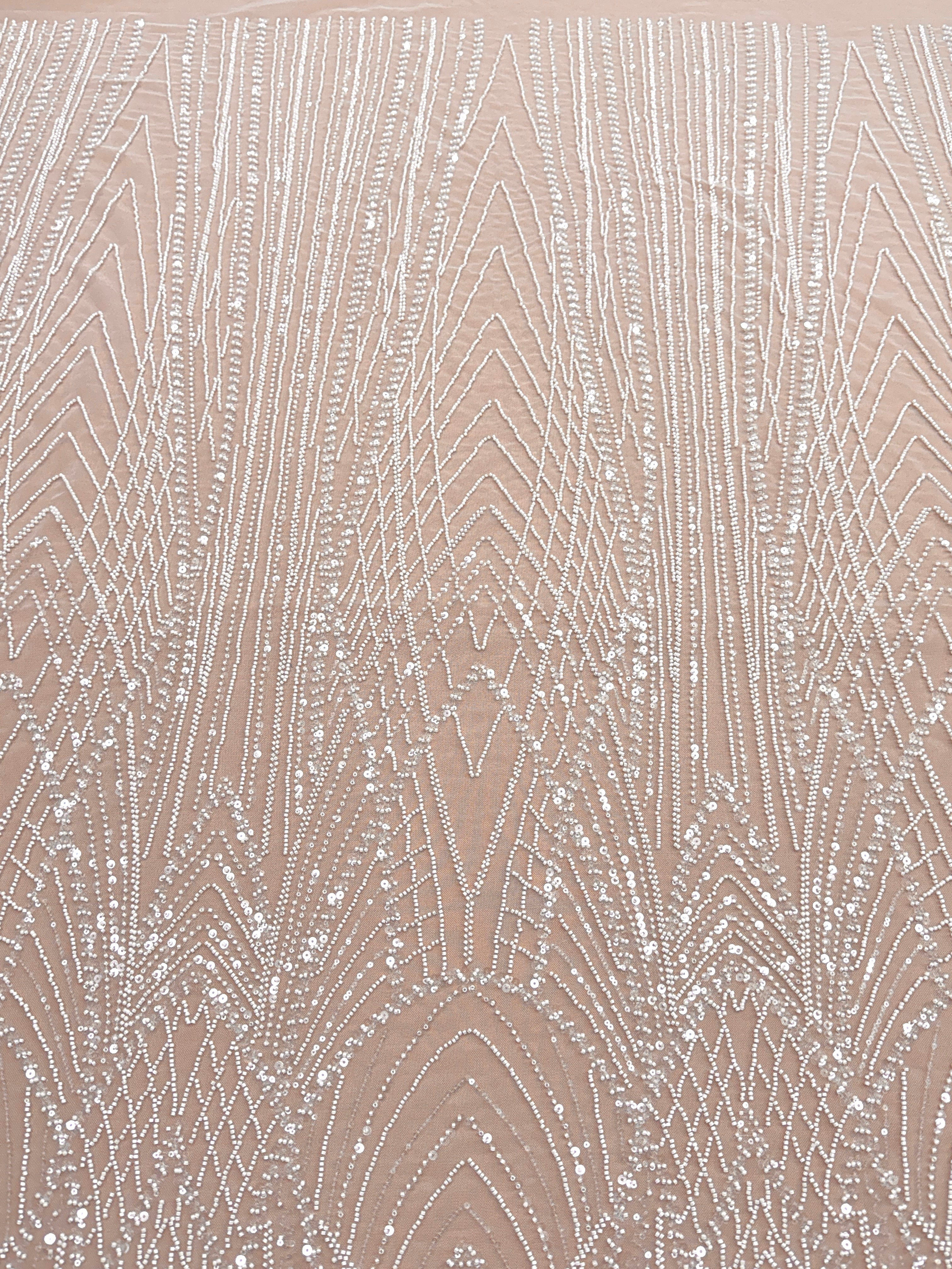 Dantela Couture Ivory cu Panou, cu Margele si Paiete