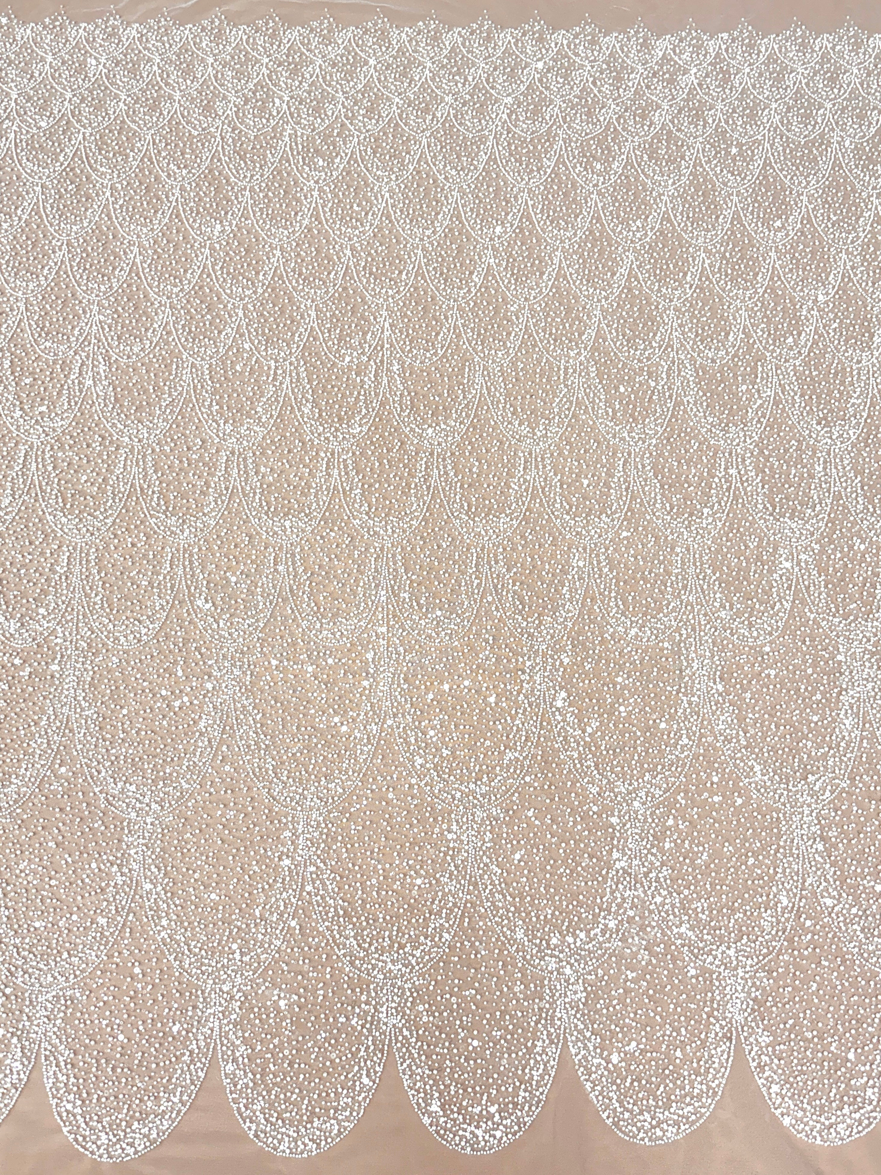 Dantela Ivory cu Model Geometric, cu Perle, Margele si Paiete