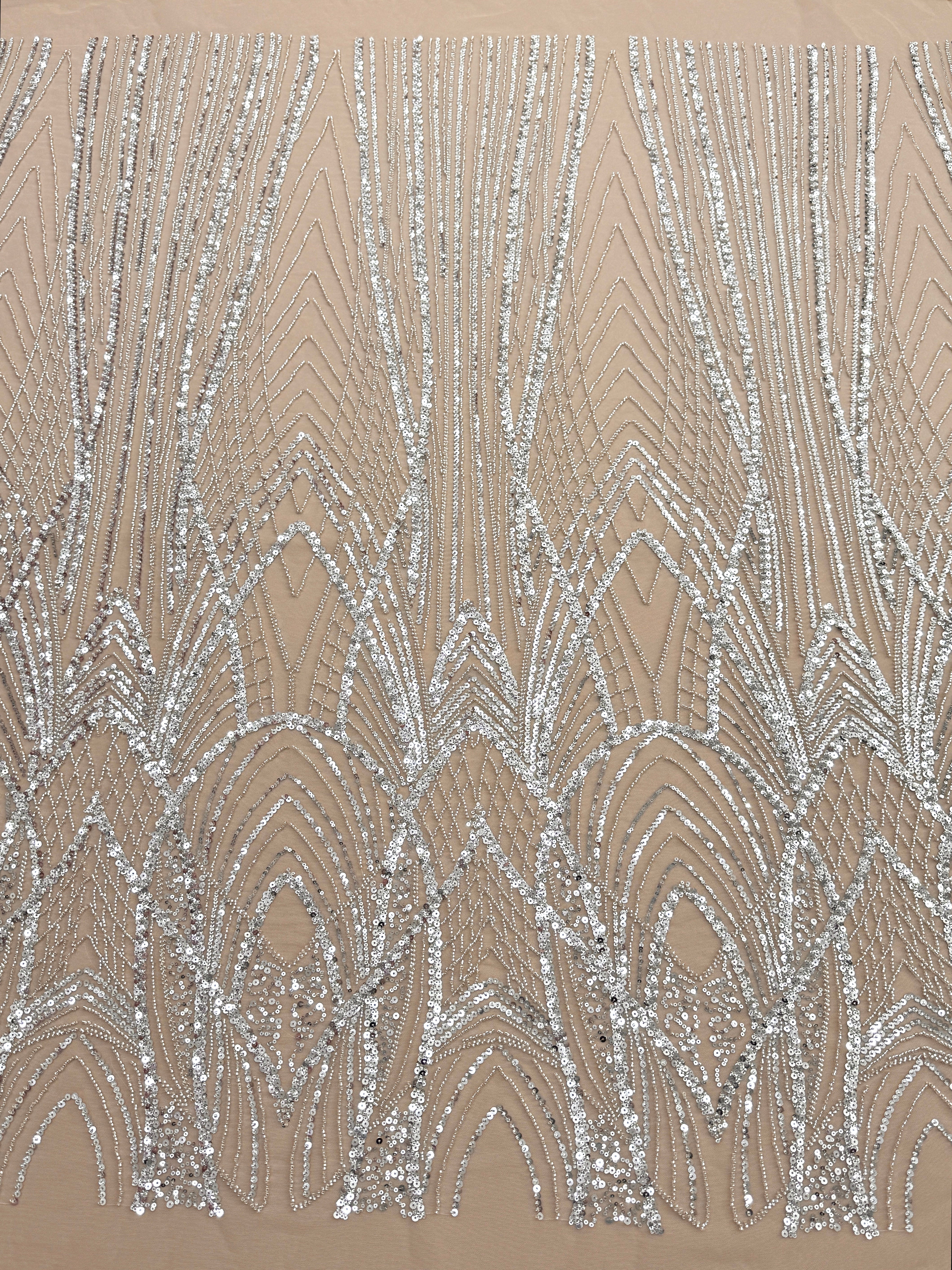 Silver Couture Lace on Nude Tulle with Panel, Beading and Sequins