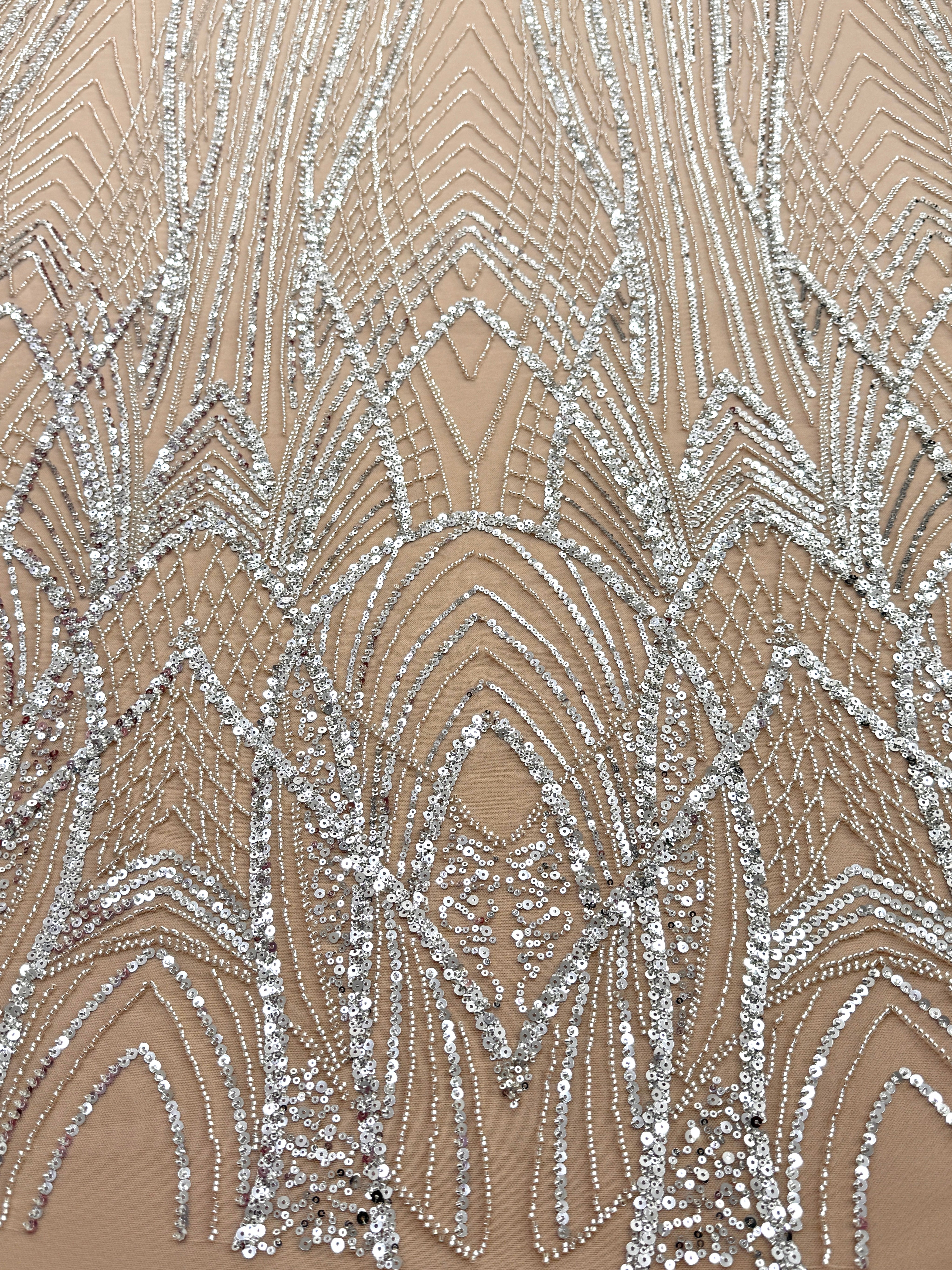Silver Couture Lace on Nude Tulle with Panel, Beading and Sequins