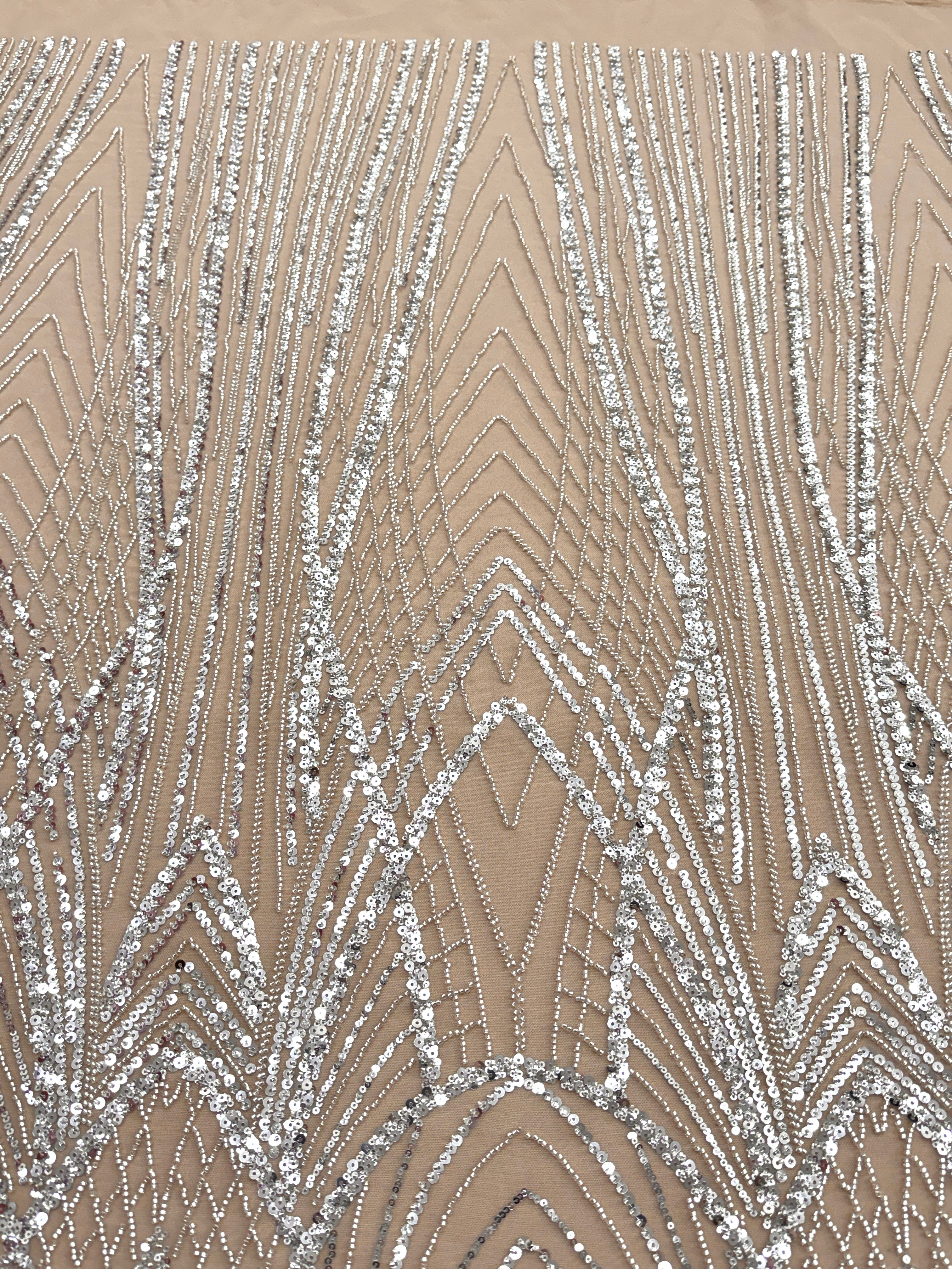 Silver Couture Lace on Nude Tulle with Panel, Beading and Sequins