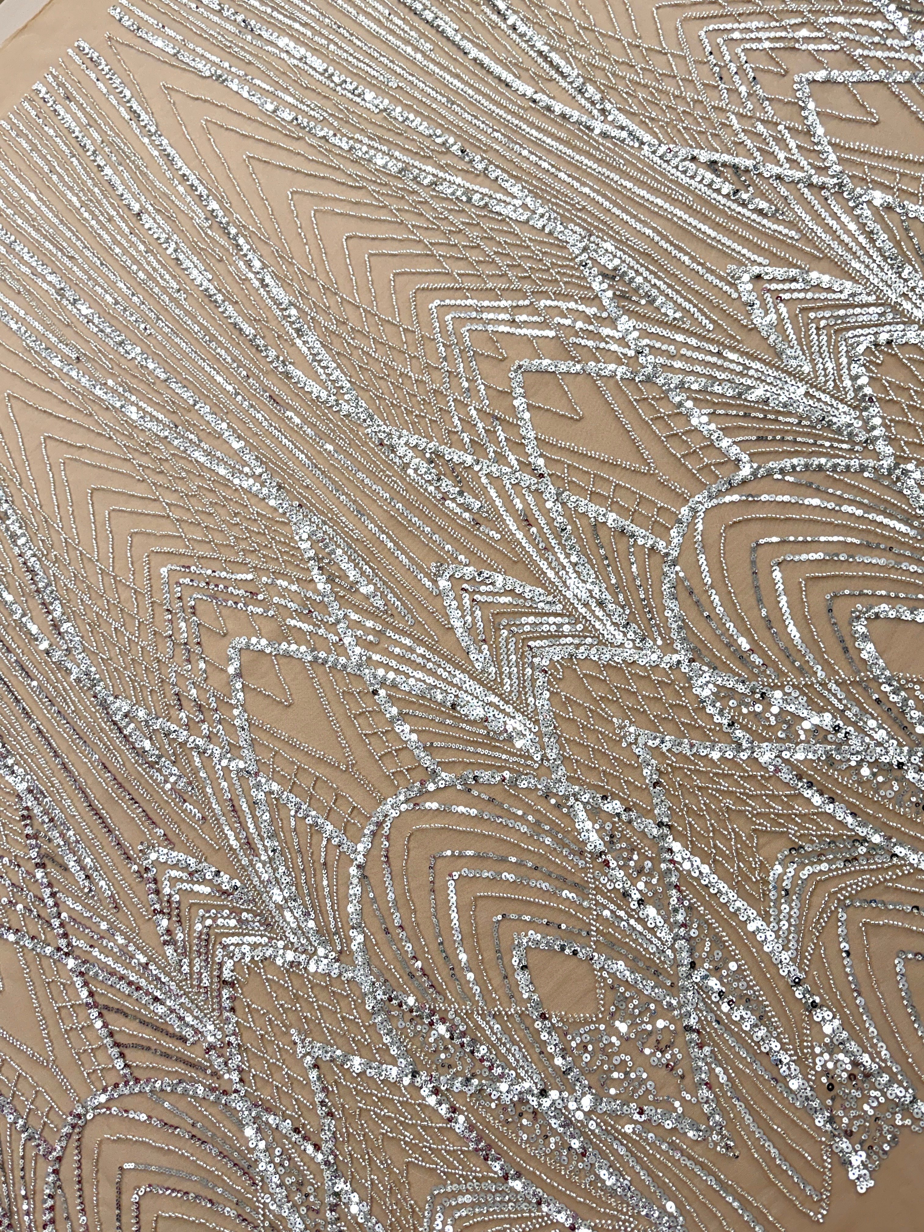Silver Couture Lace on Nude Tulle with Panel, Beading and Sequins