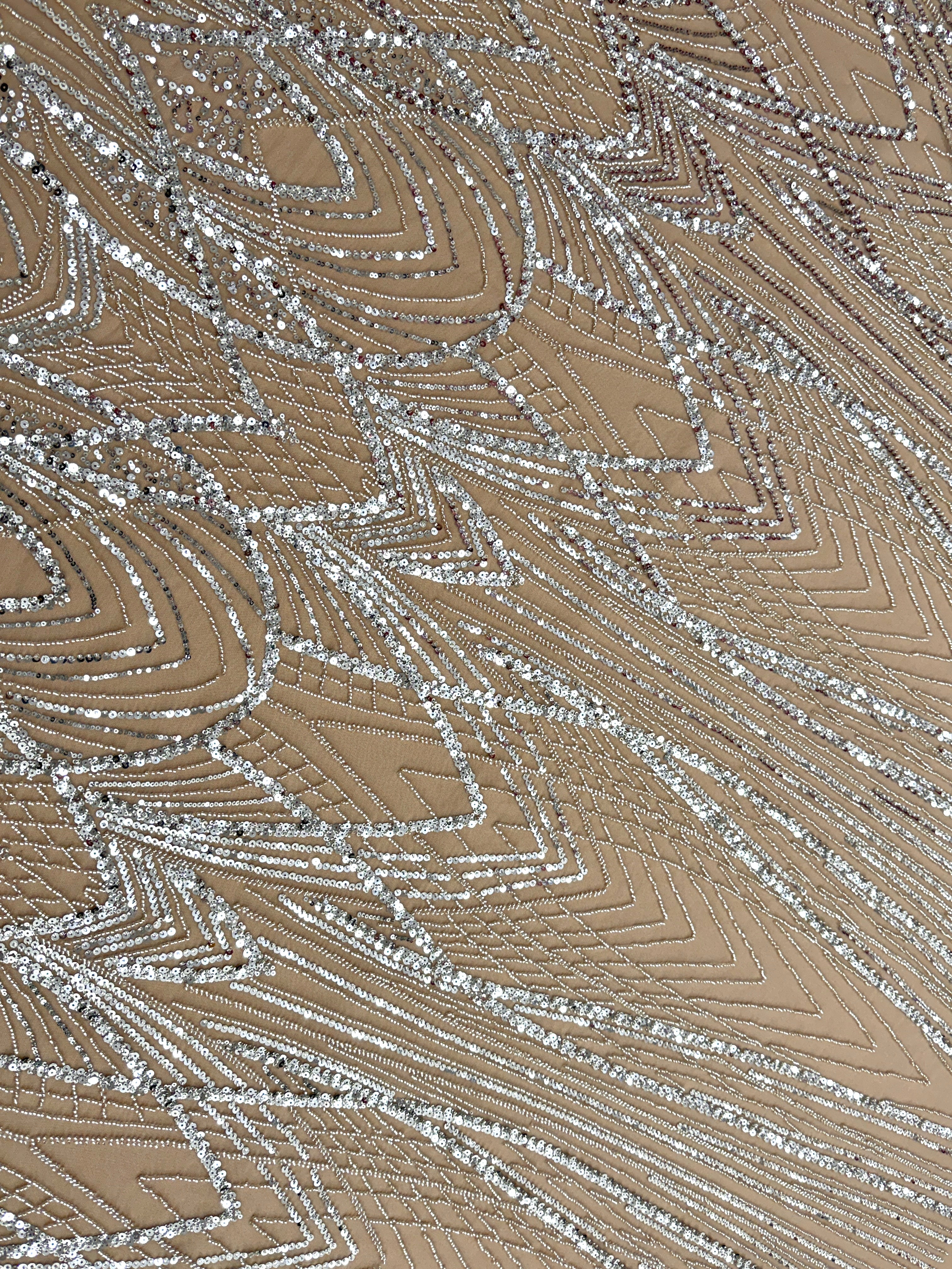 Silver Couture Lace on Nude Tulle with Panel, Beading and Sequins