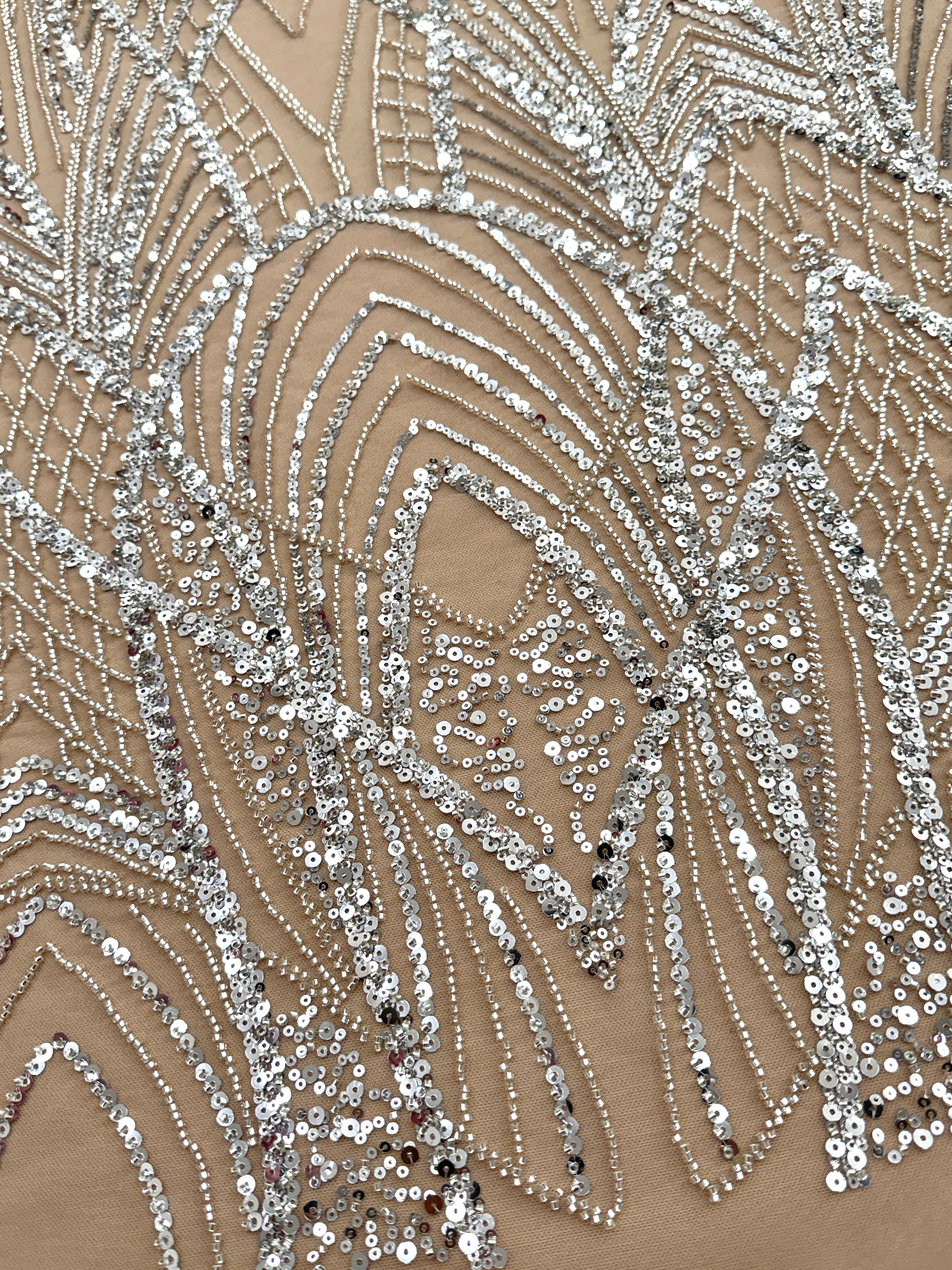 Silver Couture Lace on Nude Tulle with Panel, Beading and Sequins