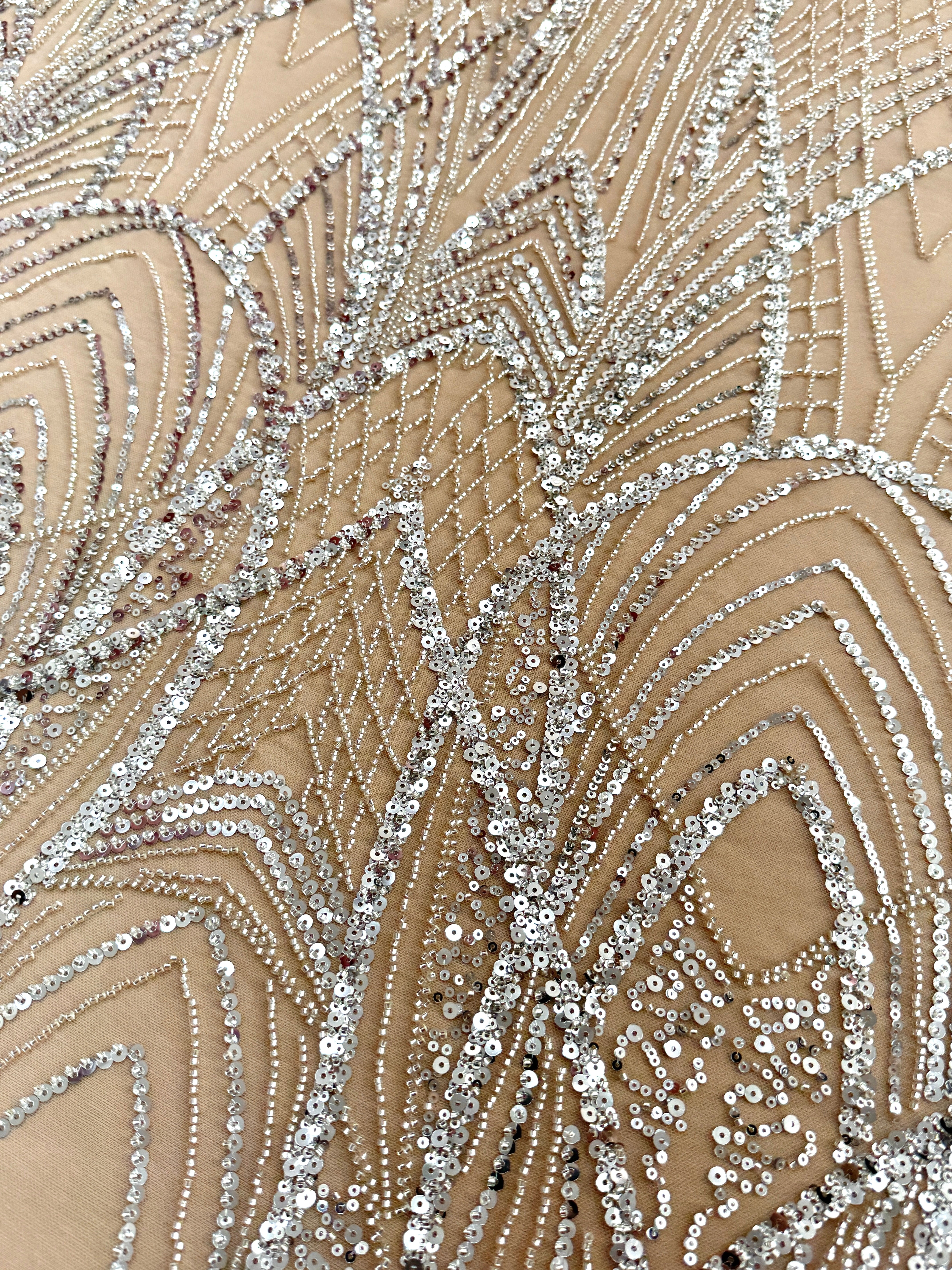 Silver Couture Lace on Nude Tulle with Panel, Beading and Sequins