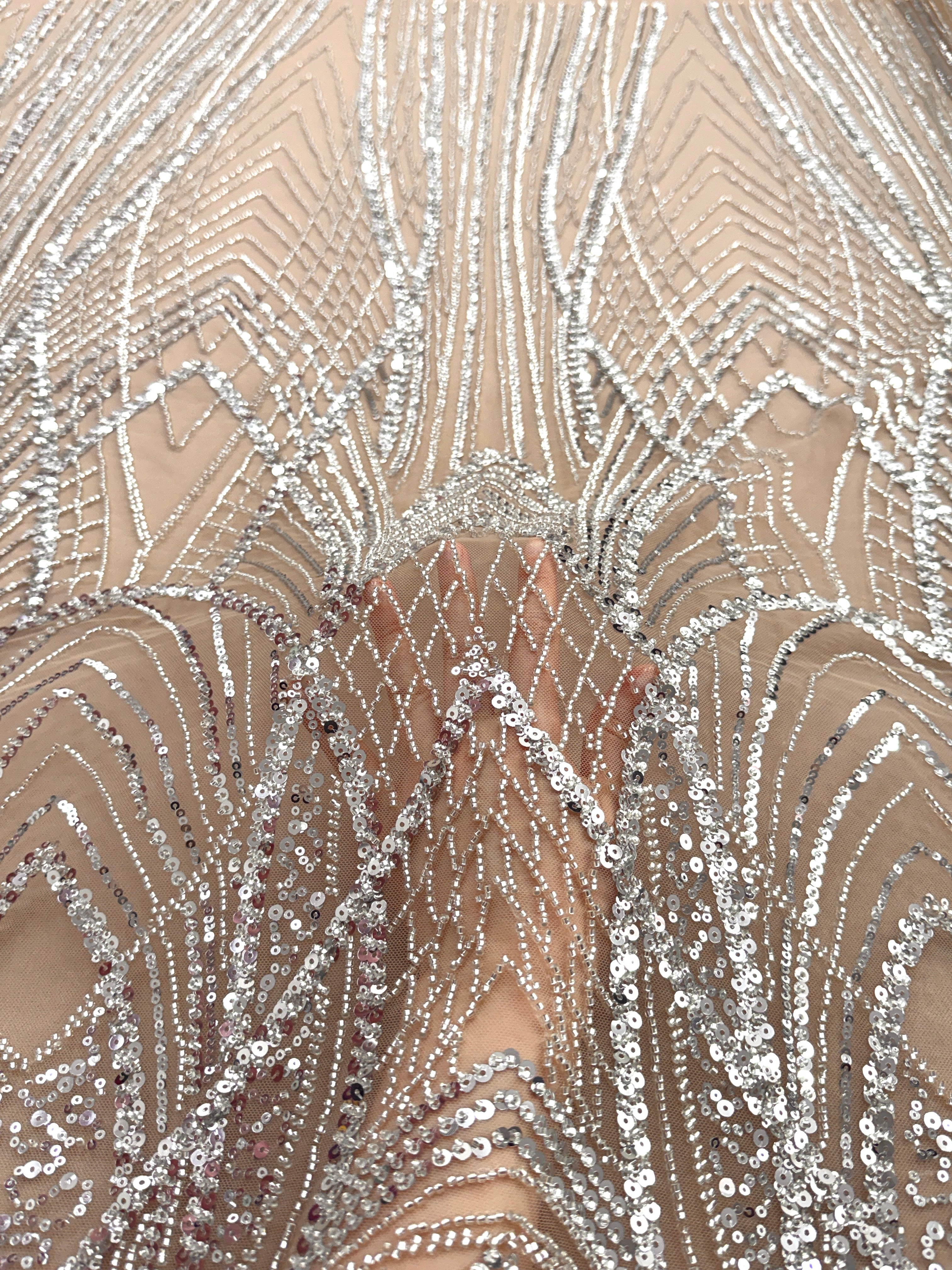 Silver Couture Lace on Nude Tulle with Panel, Beading and Sequins
