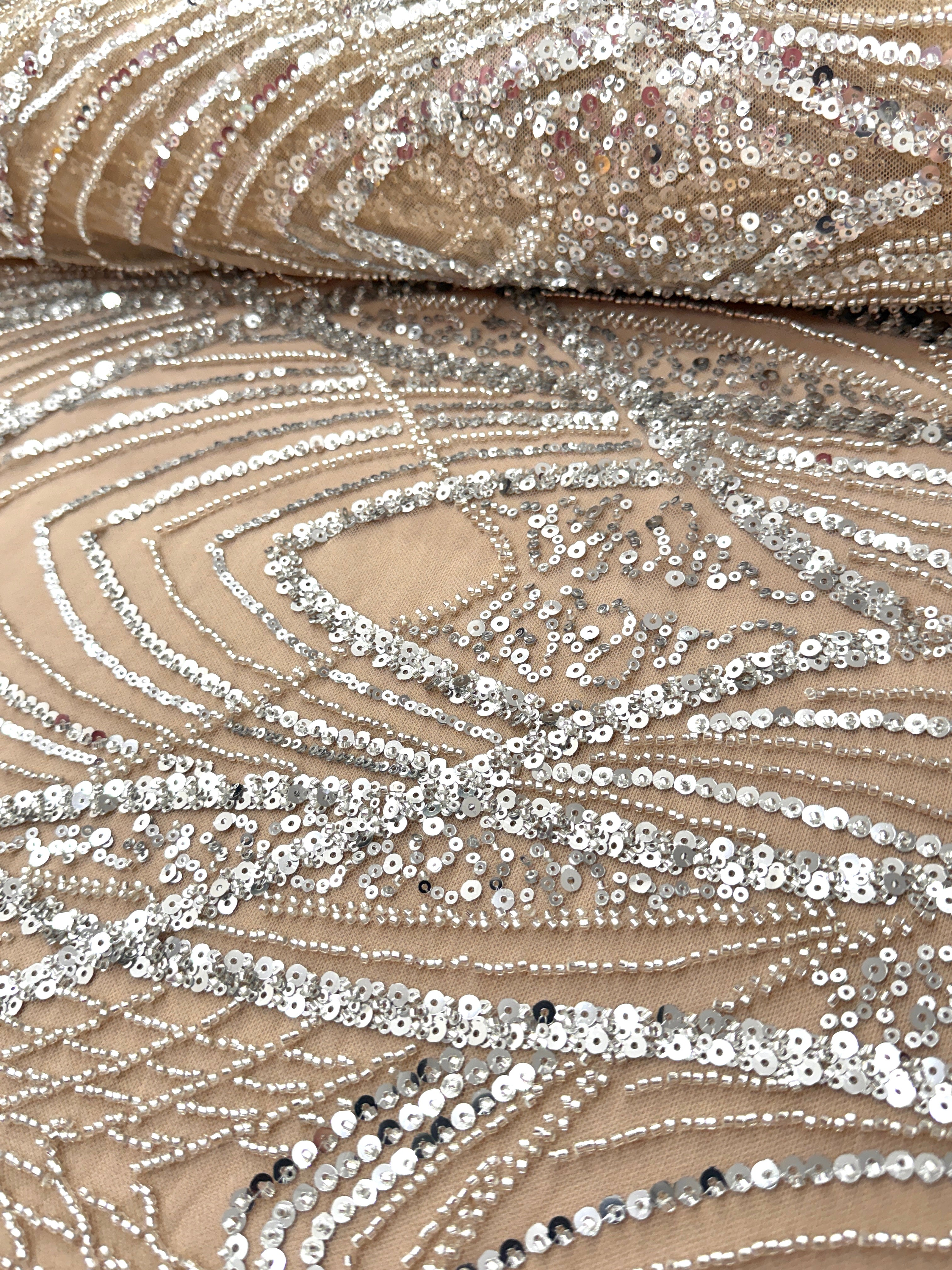 Silver Couture Lace on Nude Tulle with Panel, Beading and Sequins