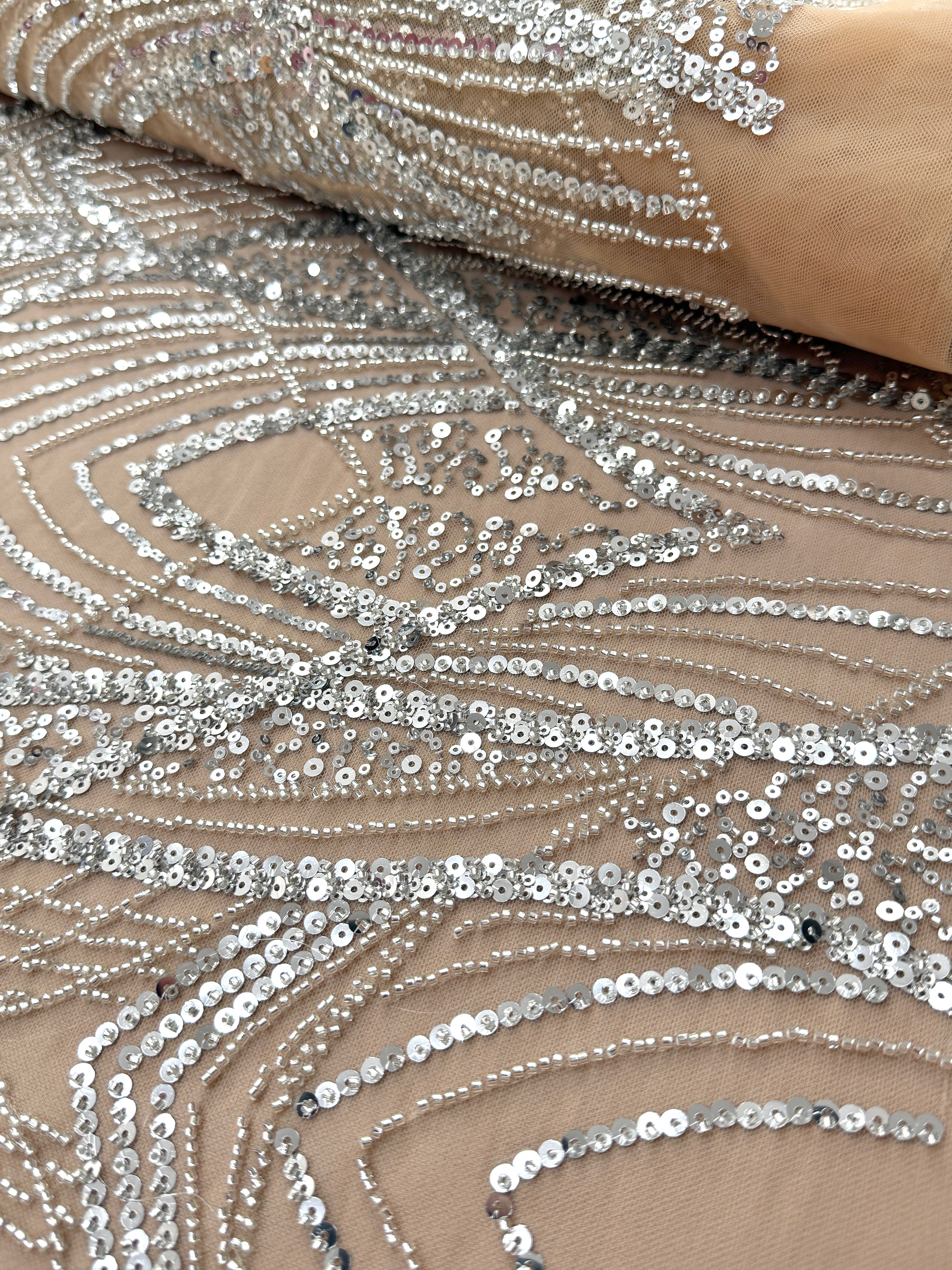 Silver Couture Lace on Nude Tulle with Panel, Beading and Sequins