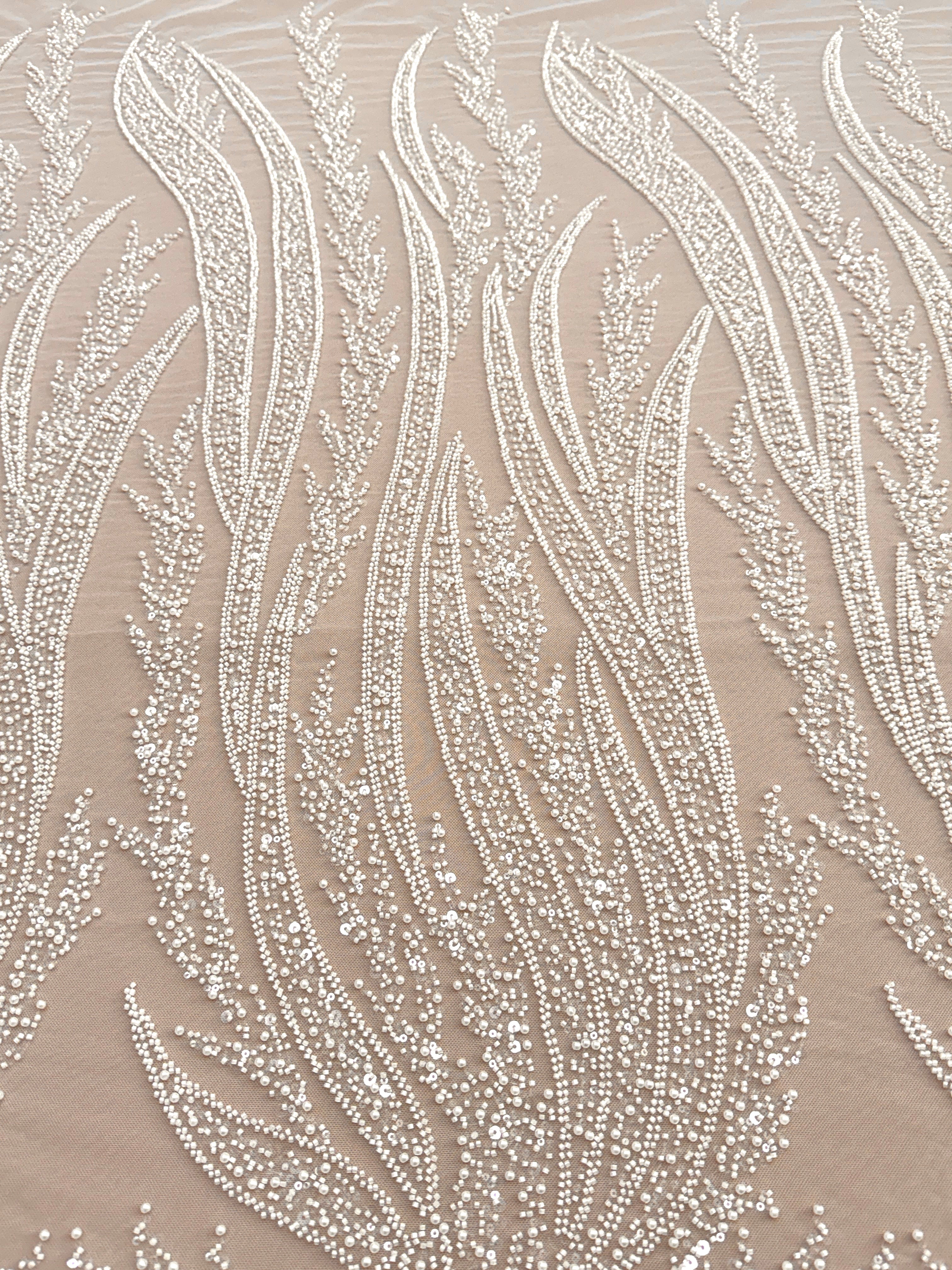 Dantela Couture Ivory cu Panou, cu Perle, Margele si Paiete