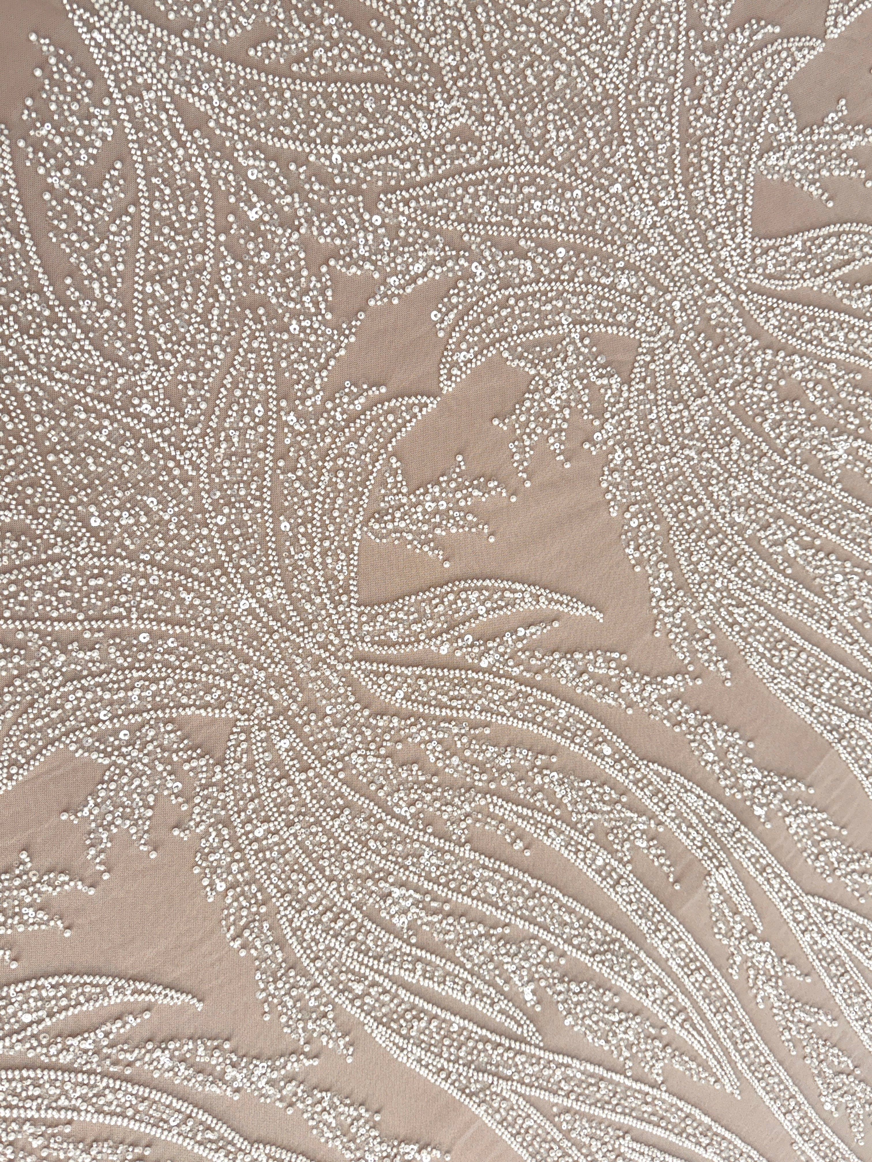 Dantela Couture Ivory cu Panou, cu Perle, Margele si Paiete