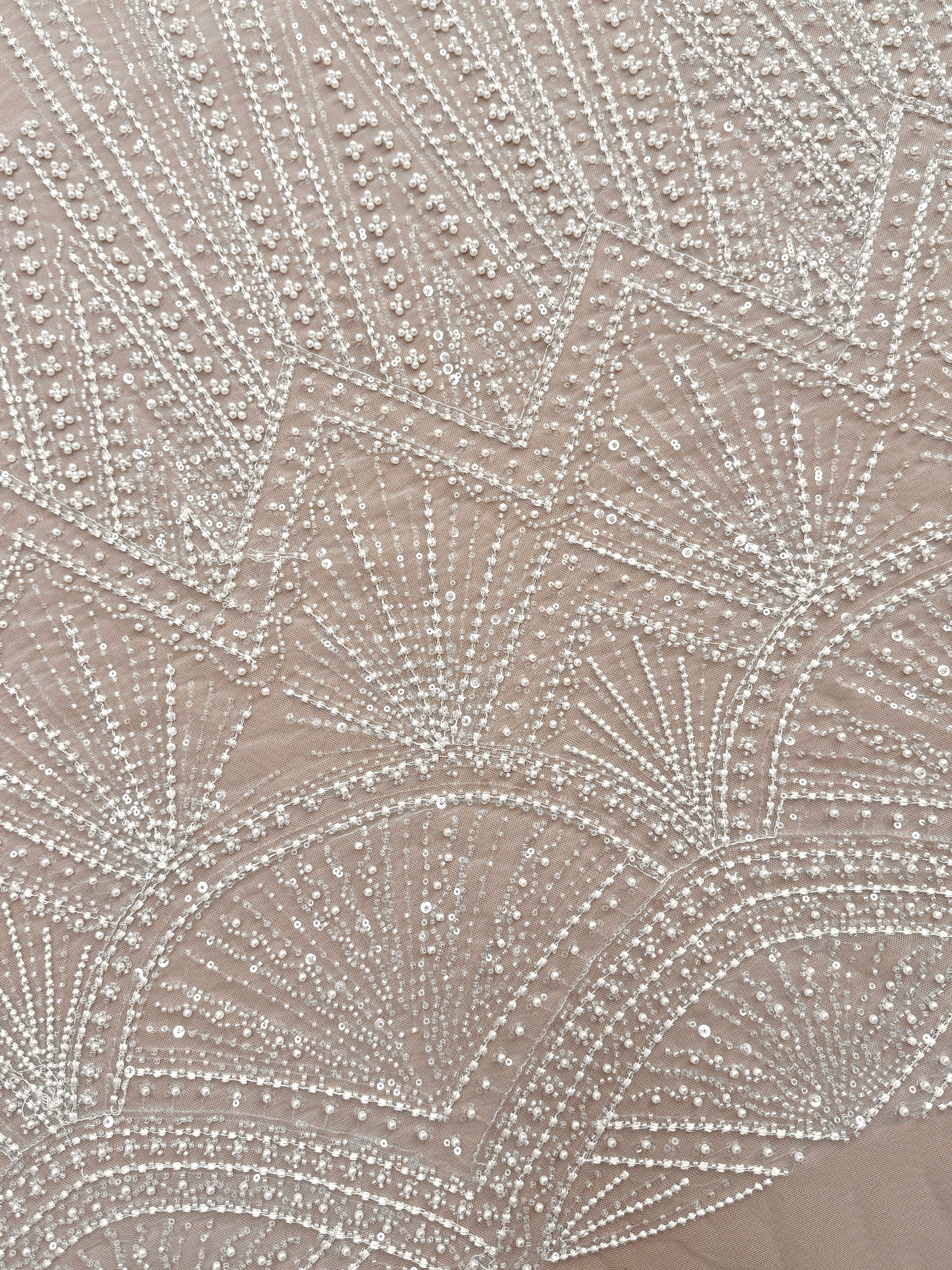 Dantela Couture Ivory cu Model Geometric, cu Perle, Margele si Paiete