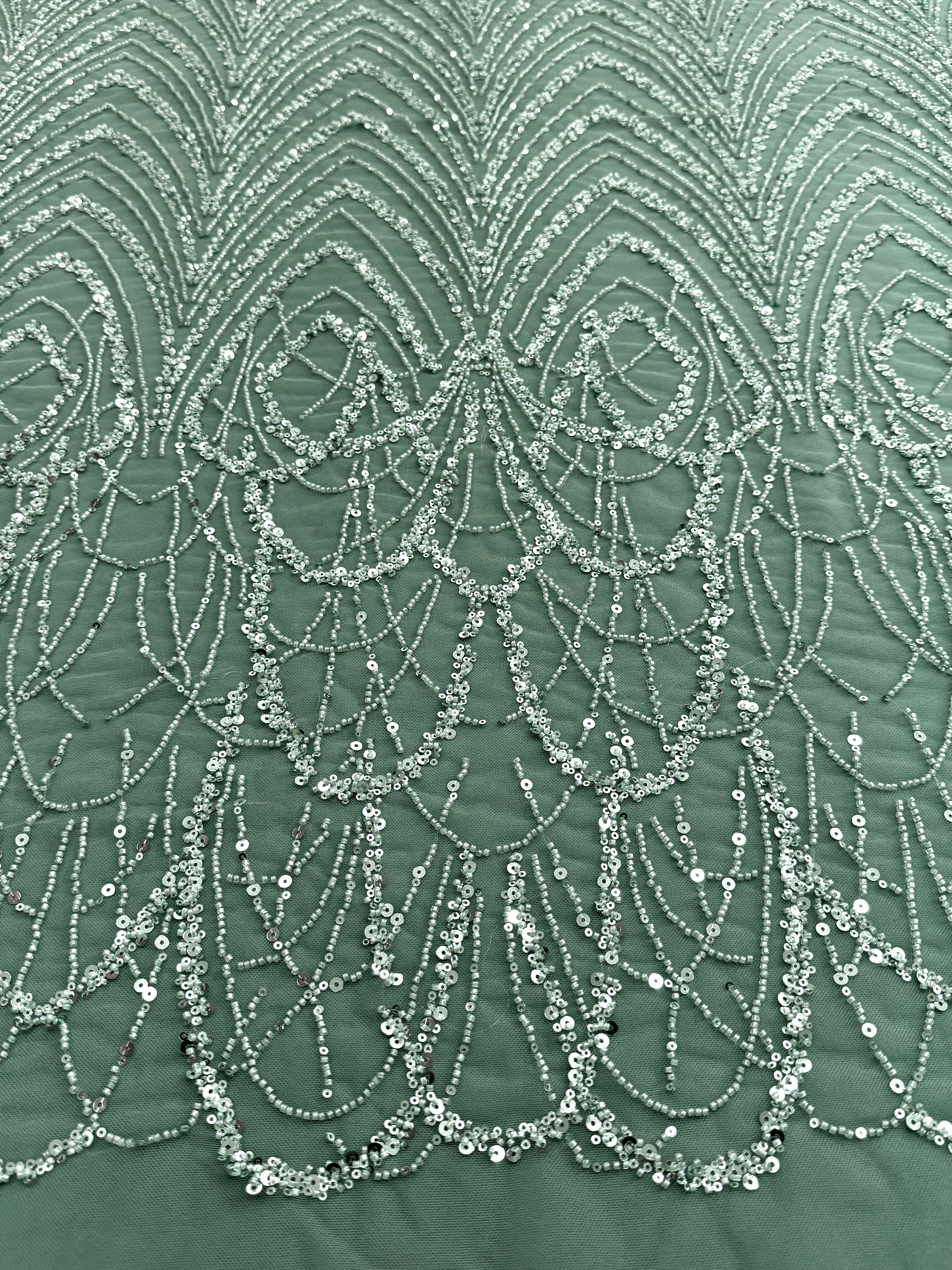 Dantela Couture Verde Prafuit cu Model Geometric cu Margele si Paiete