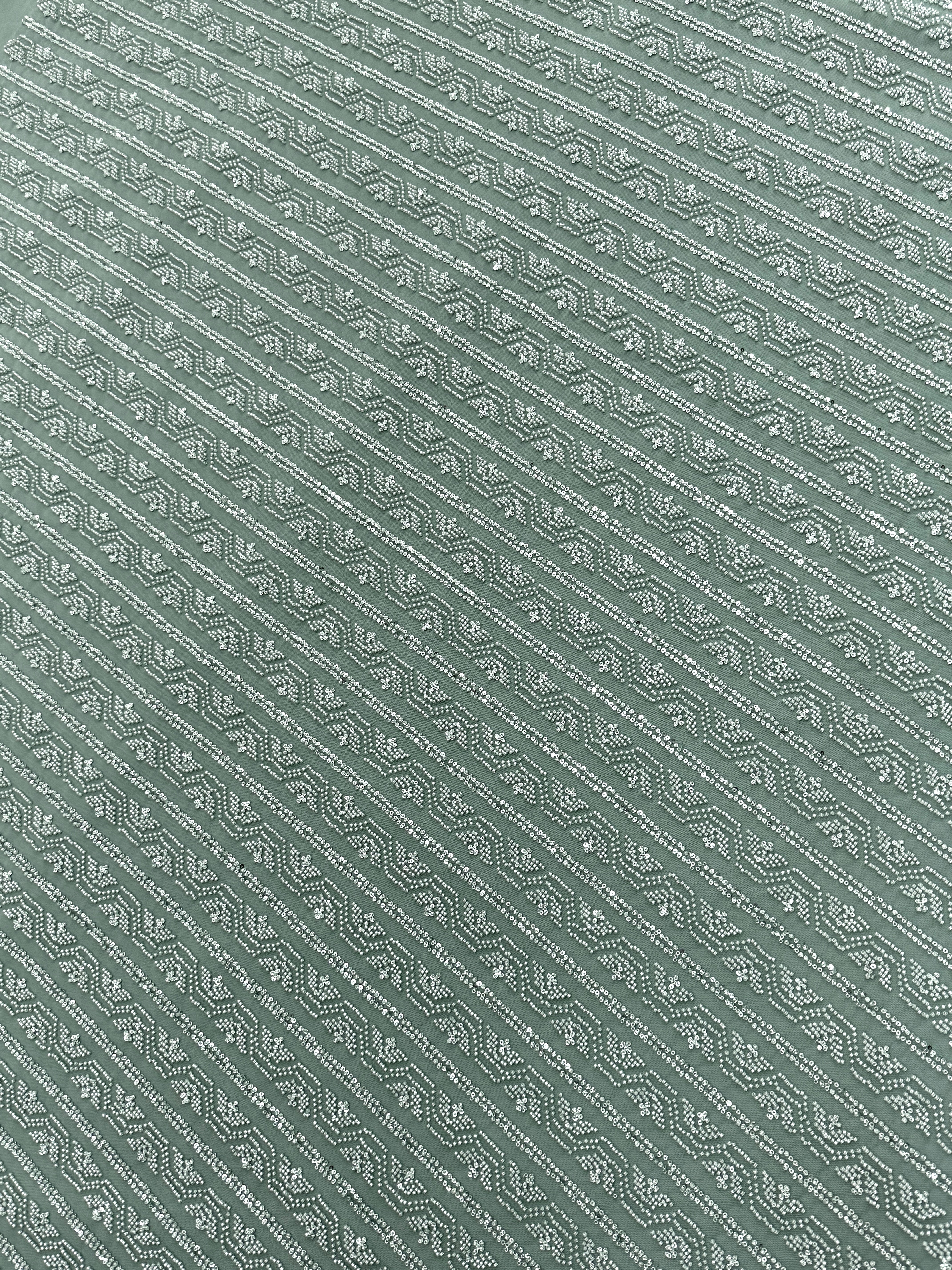 Dantela Couture Verde Prafuit cu Model Geometric, cu Margele