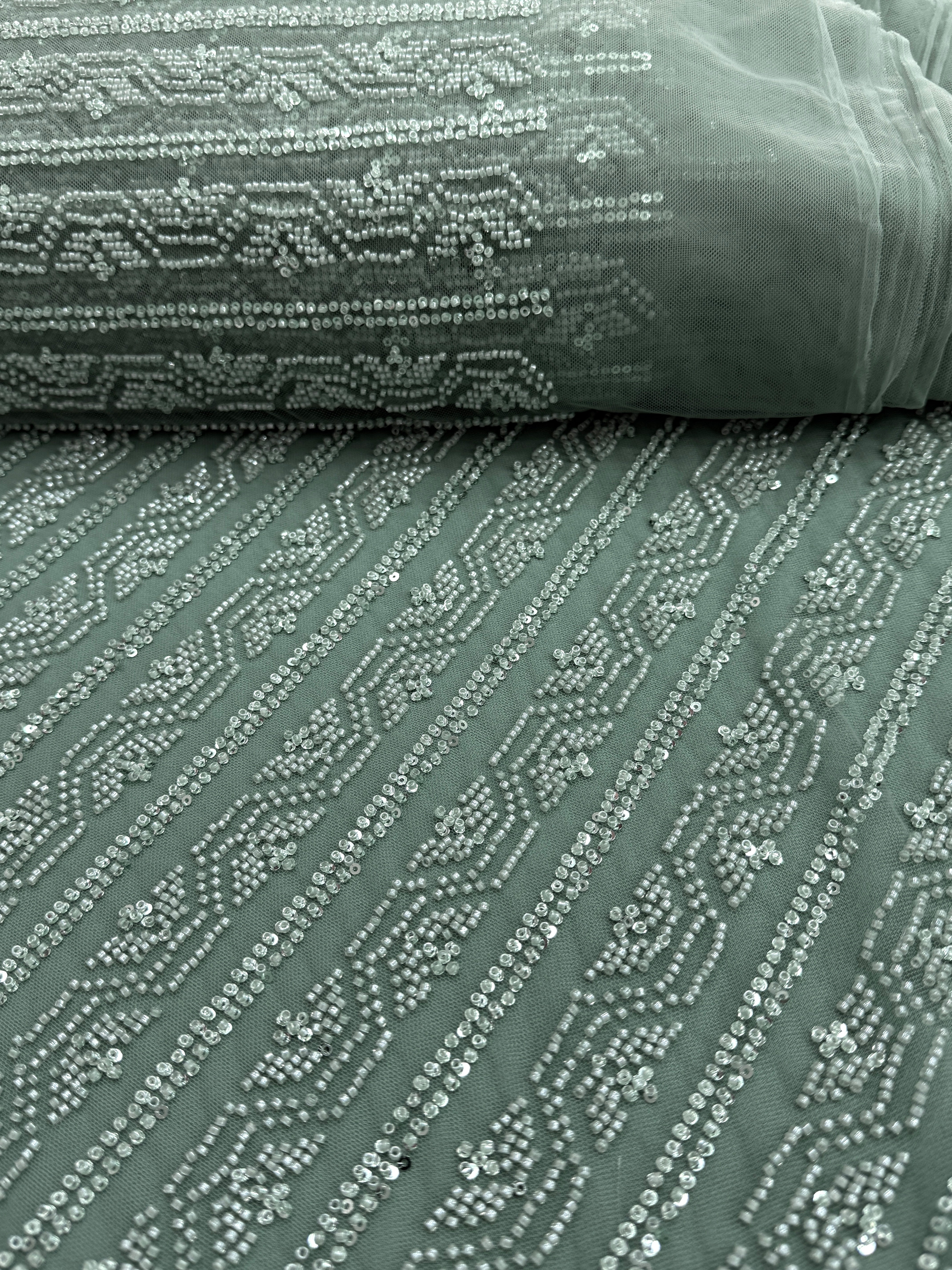 Dantela Couture Verde Prafuit cu Model Geometric, cu Margele
