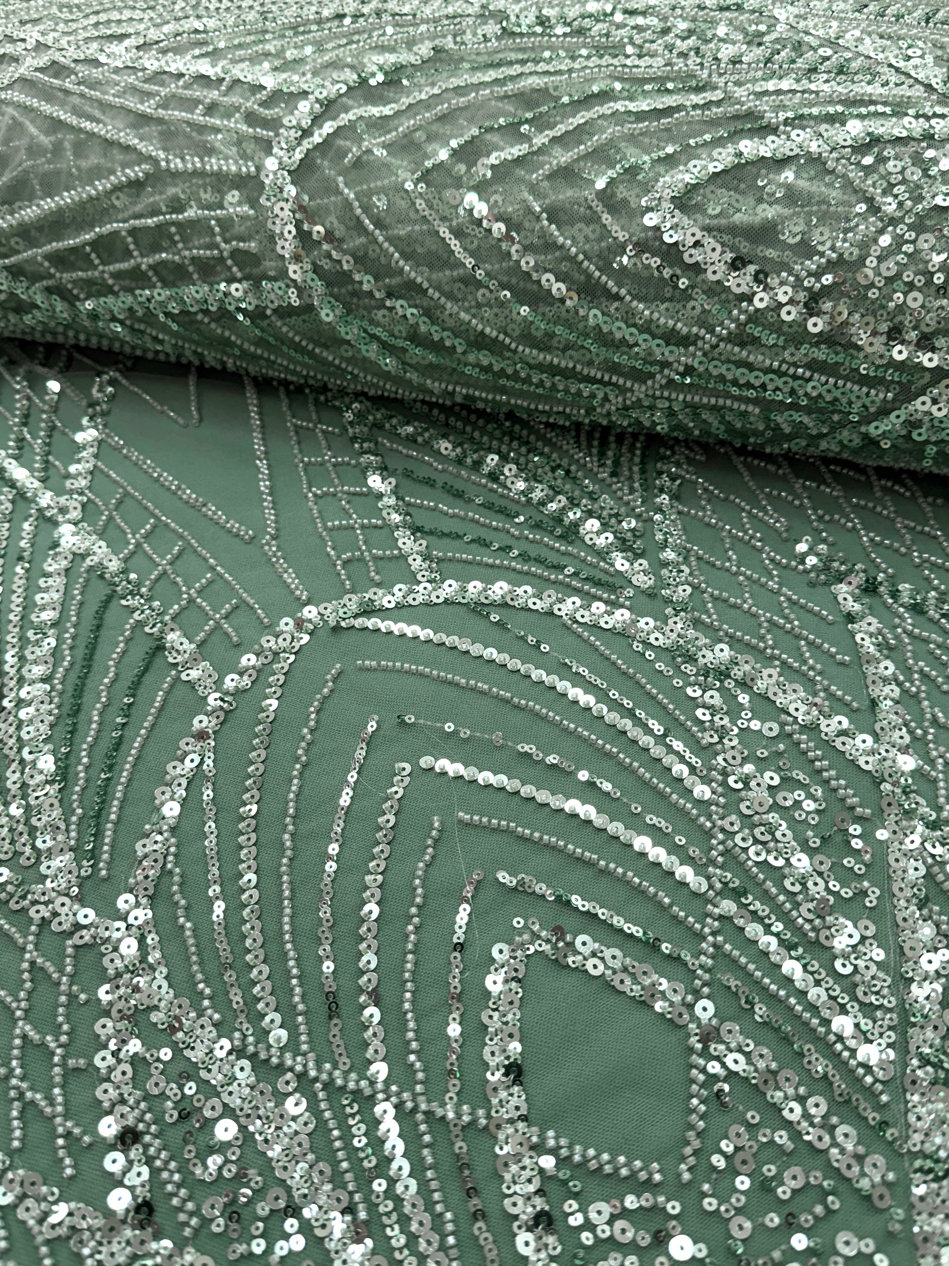 Dantela Couture Verde Prafuit cu Panou, cu Margele si Paiete