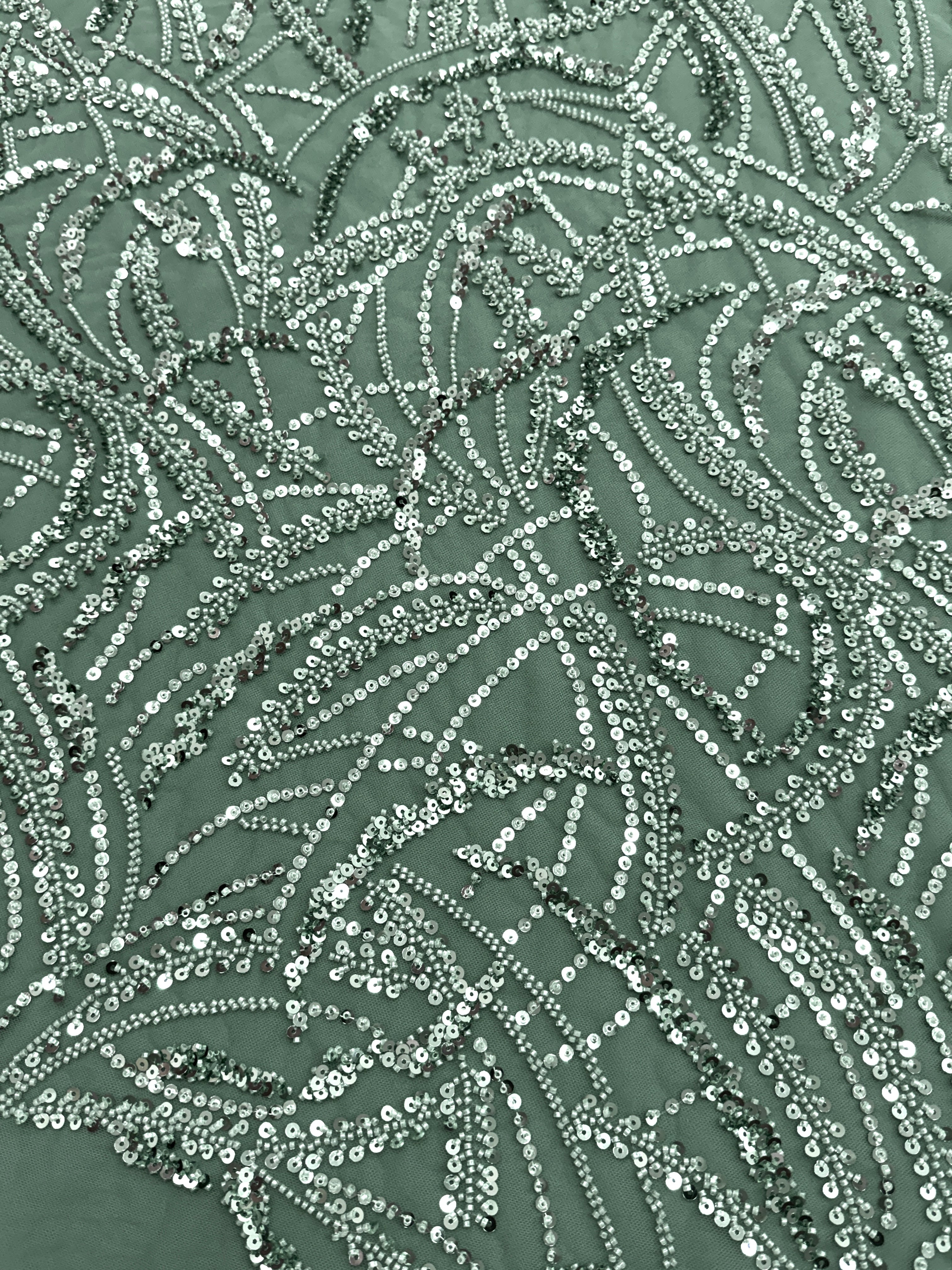 Dantela Couture Verde Prafuit cu Model Geometric, cu Margele si Paiete