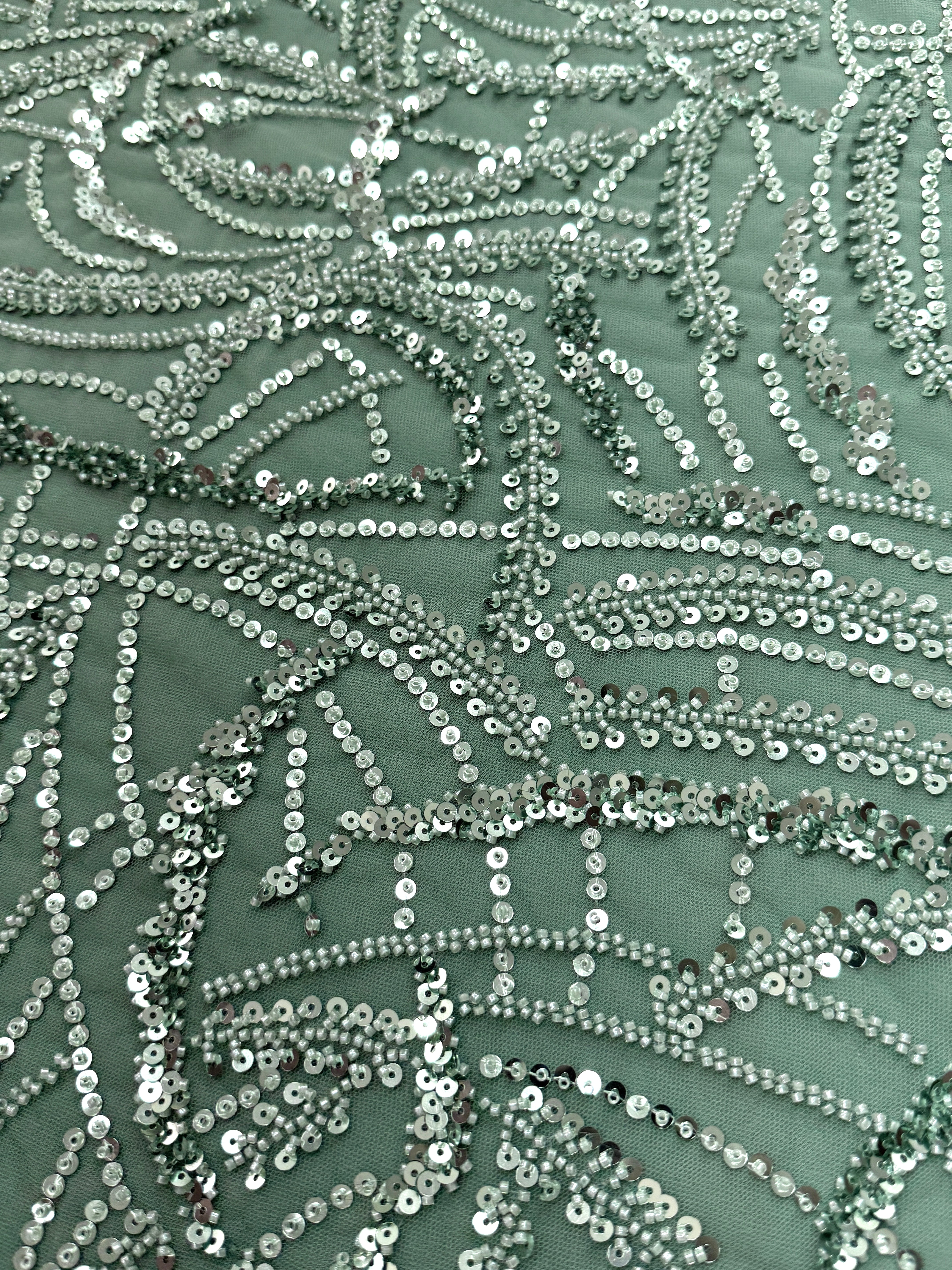 Dantela Couture Verde Prafuit cu Model Geometric, cu Margele si Paiete