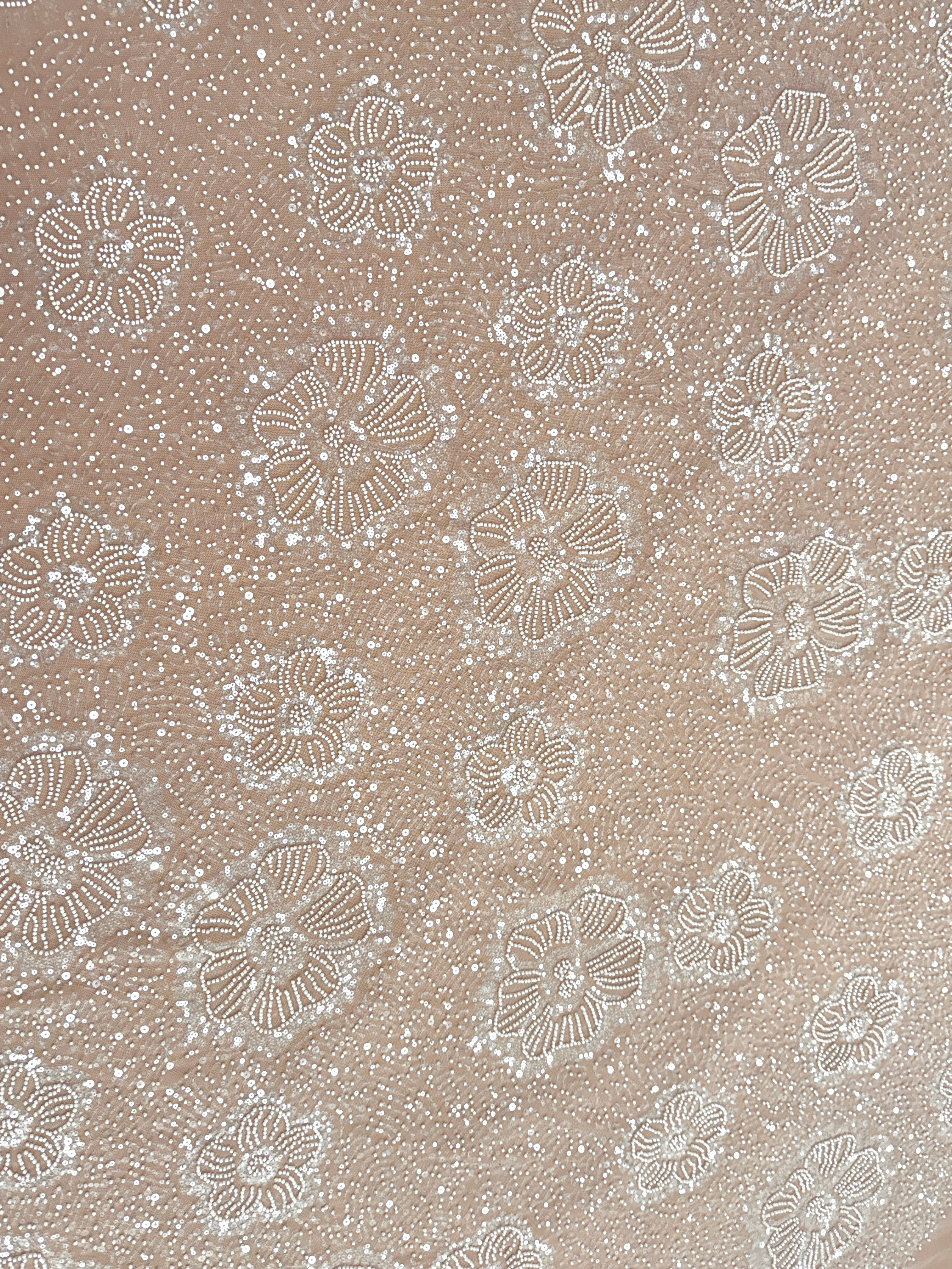 Dantela Couture Ivory cu Model Floral, cu Margele si Paiete