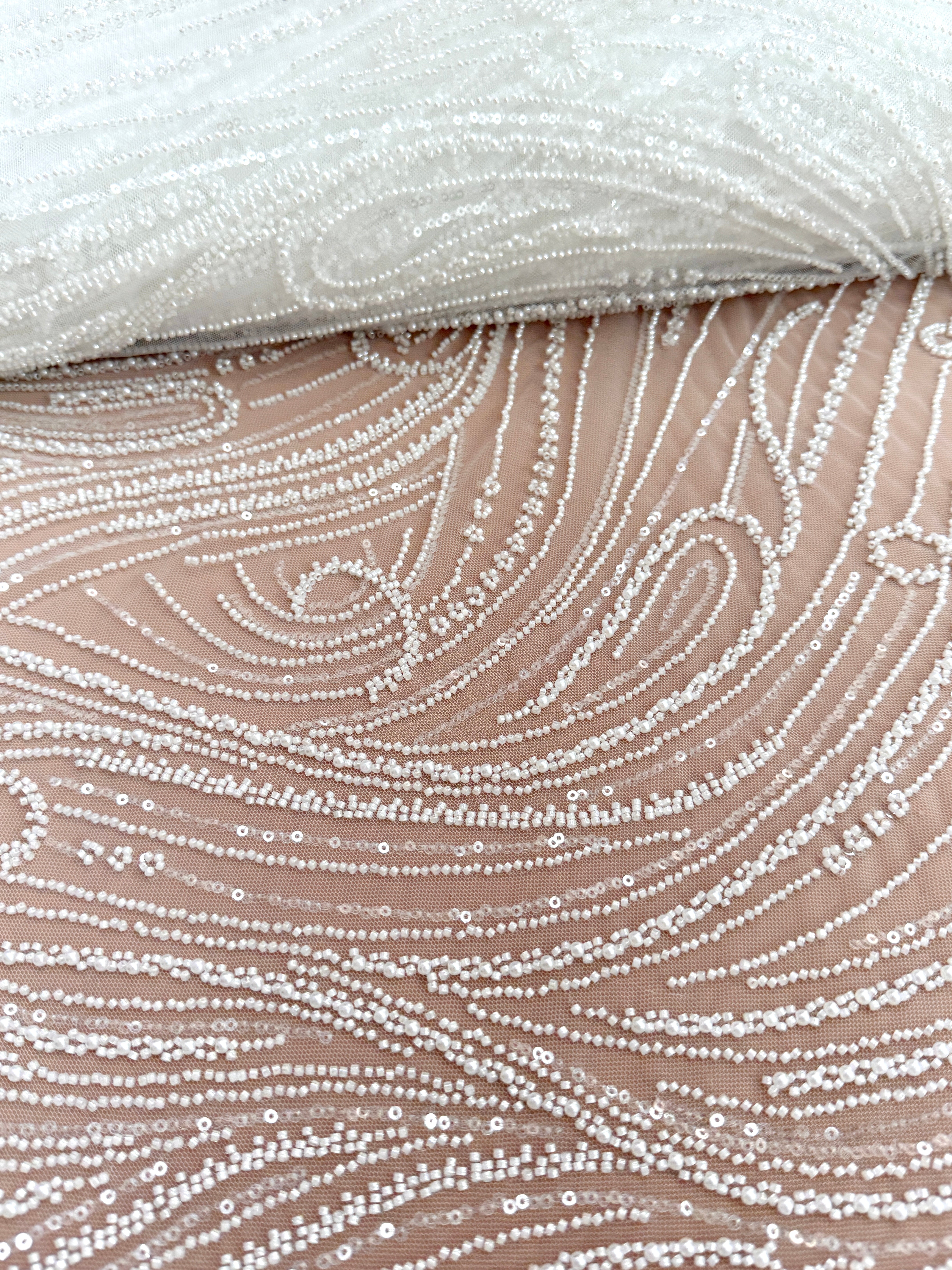 Dantela Couture Ivory cu Model Geometric, cu Perle, Margele si Paiete