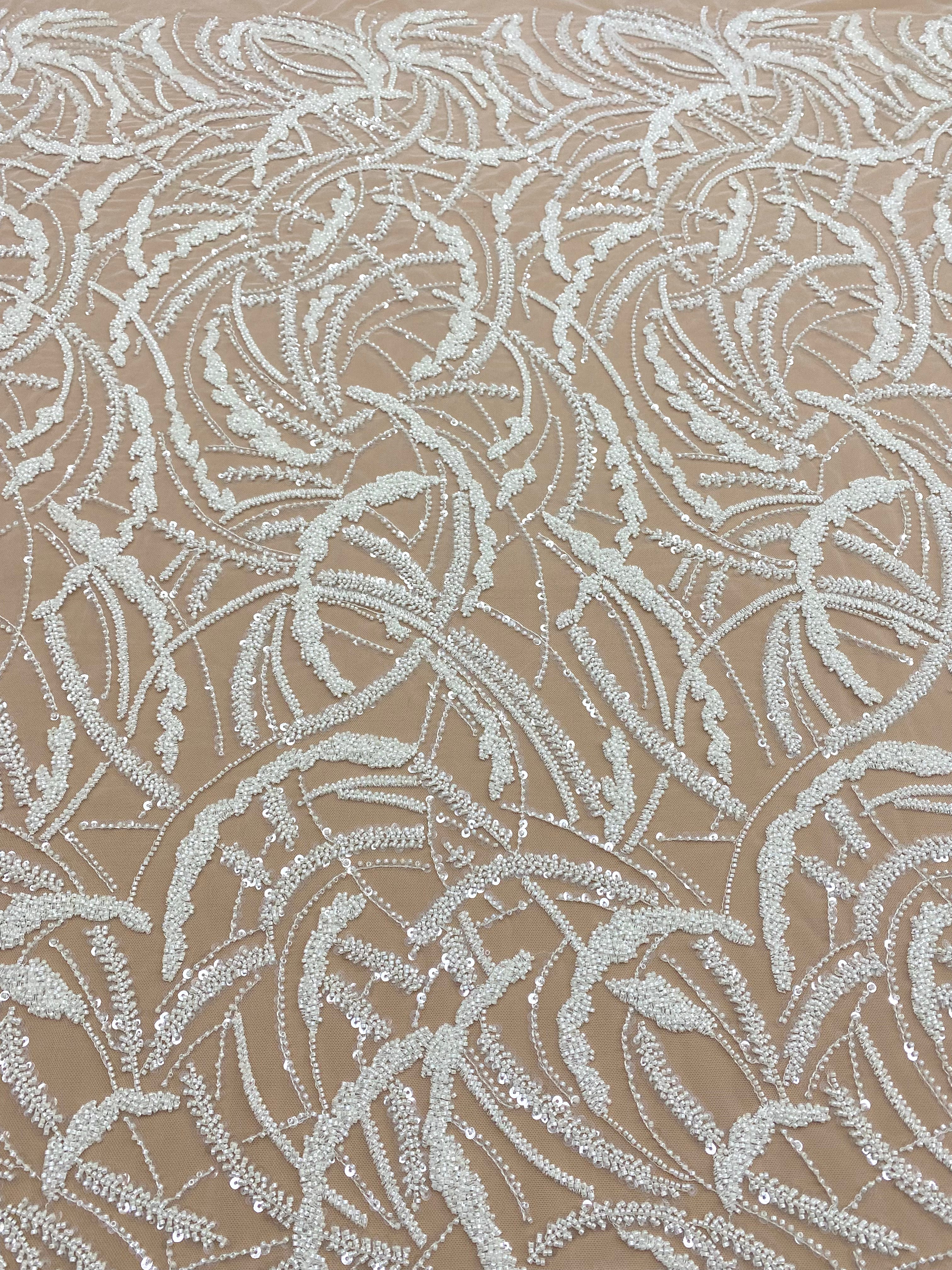 Cupon 1.65 m din Dantela Couture Ivory cu Model Geometric, cu Margele si Paiete