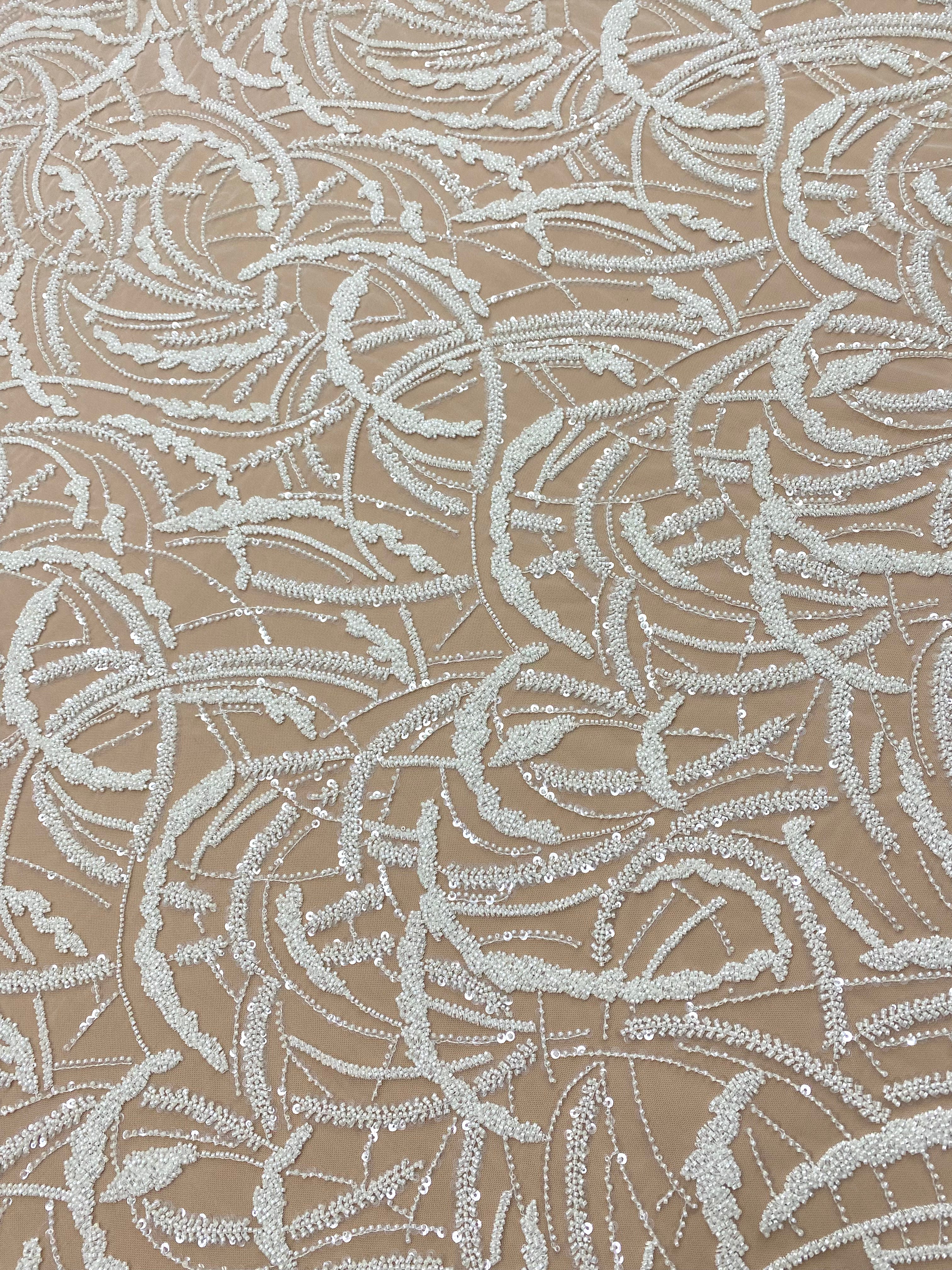 Cupon 1.65 m din Dantela Couture Ivory cu Model Geometric, cu Margele si Paiete