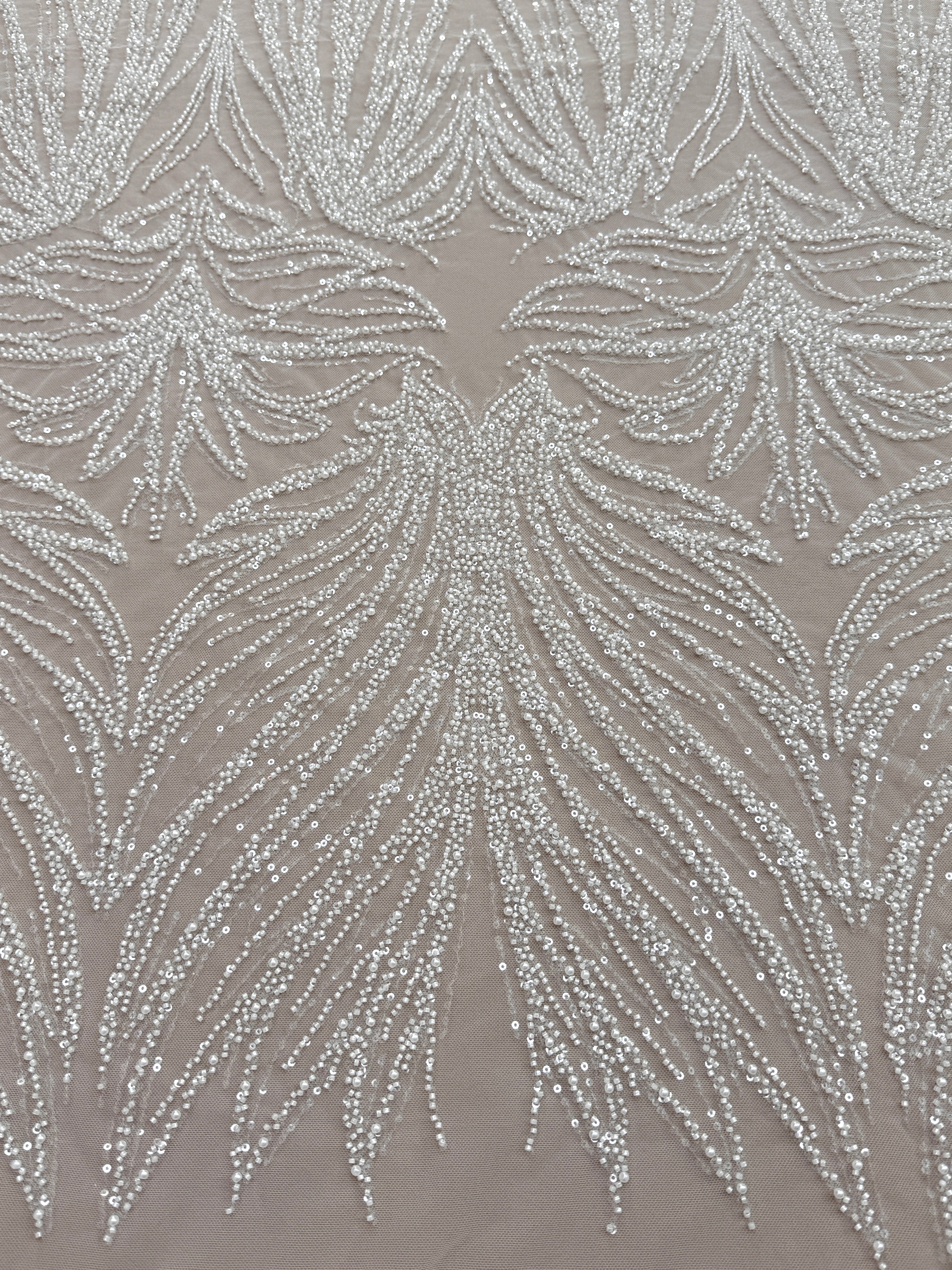 Dantela Couture Ivory cu Model Geometric, cu Perle, Margele si Paiete