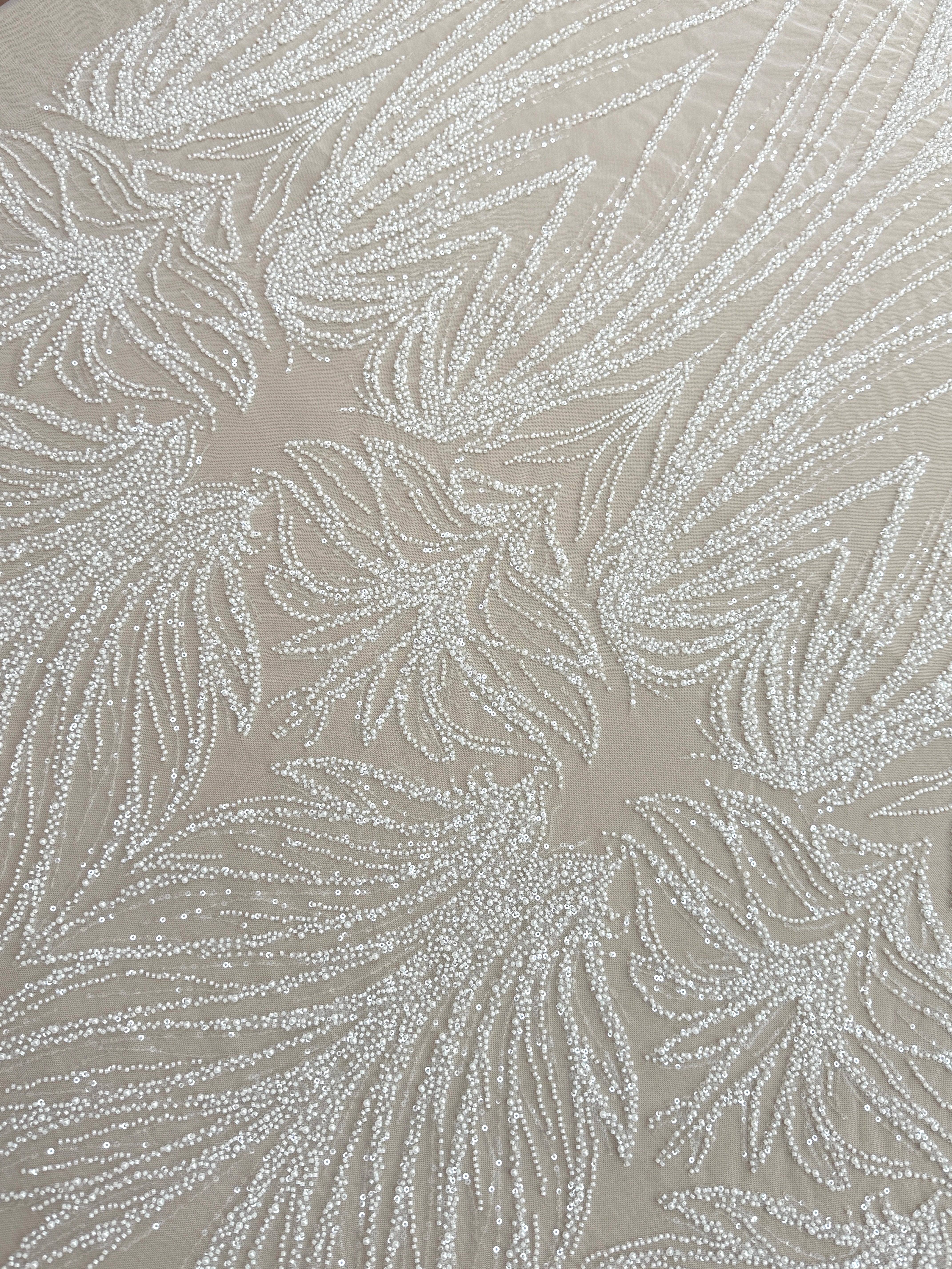 Dantela Couture Ivory cu Model Geometric, cu Perle, Margele si Paiete