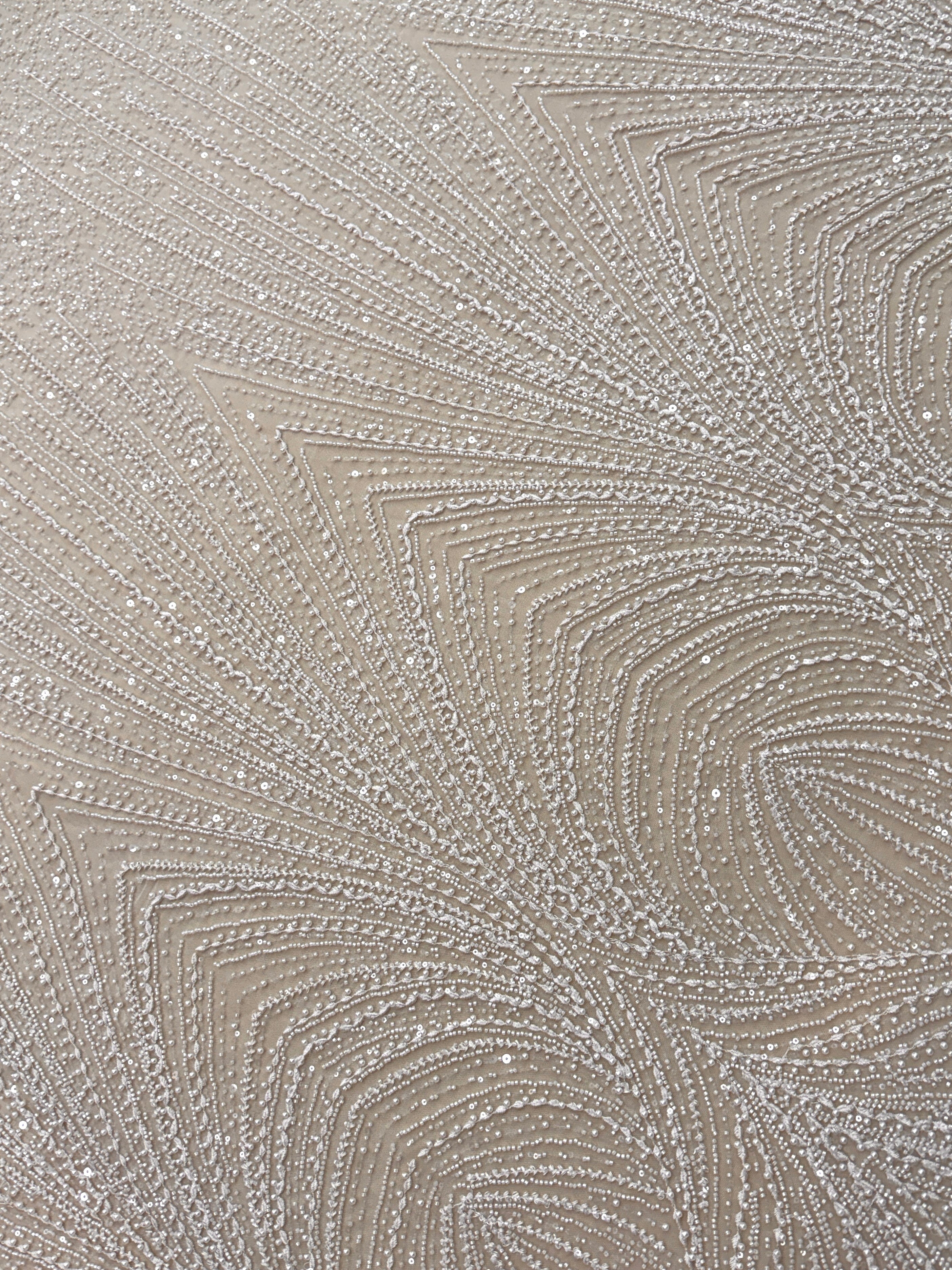 Dantela Couture Ivory cu Model Geometric, cu Perle, Margele si Paiete