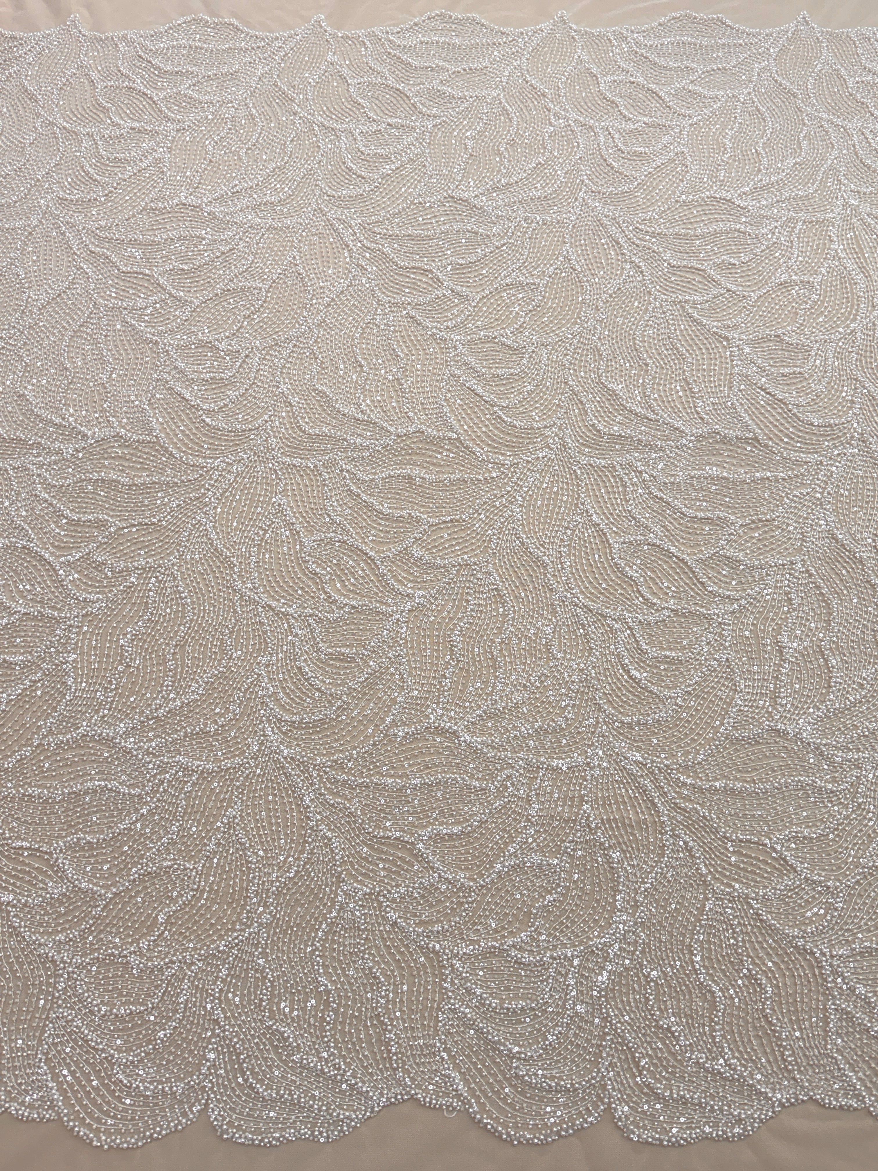 Dantela Couture Ivory cu Model Geometric, cu Perle, Margele si Paiete
