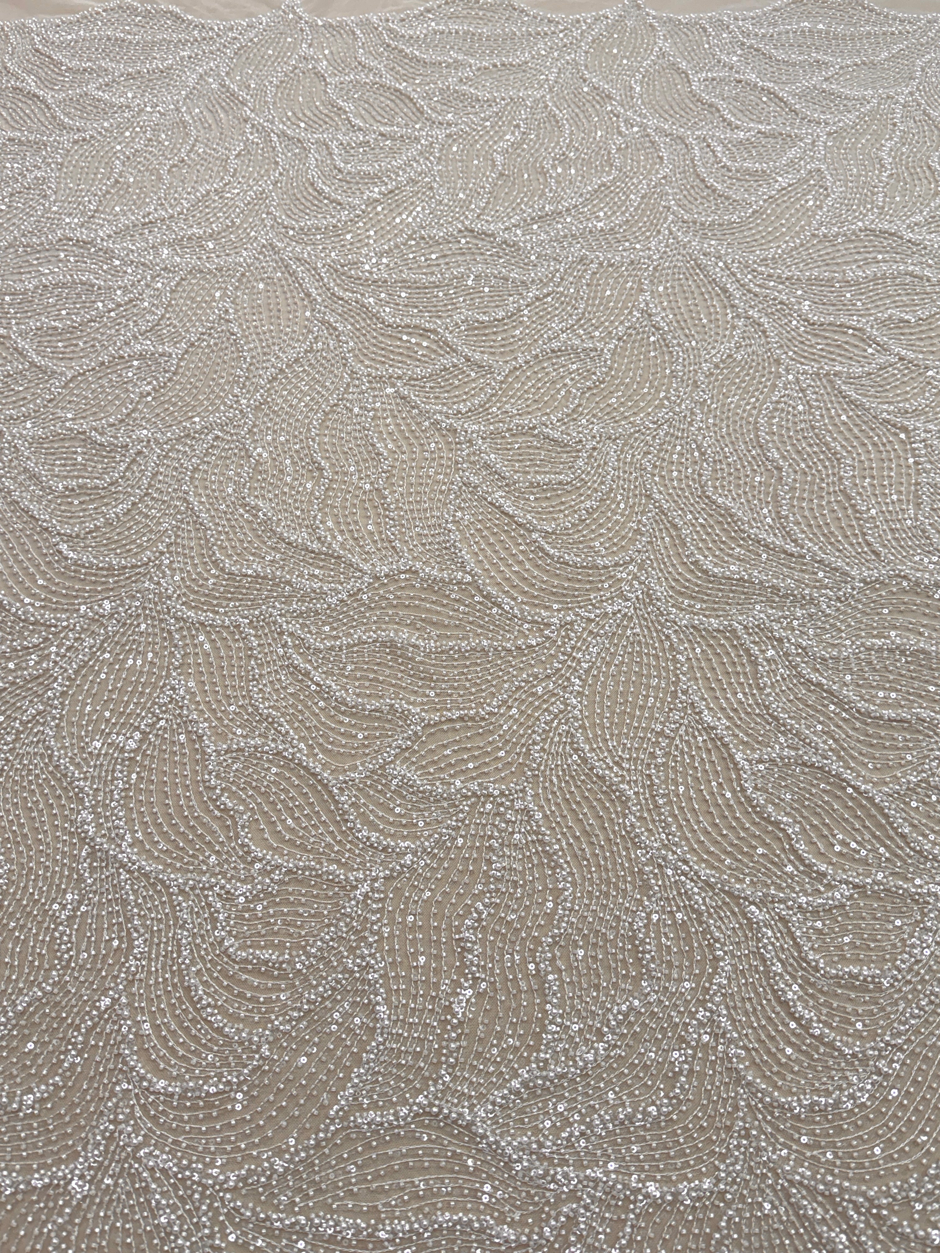 Dantela Couture Ivory cu Model Geometric, cu Perle, Margele si Paiete