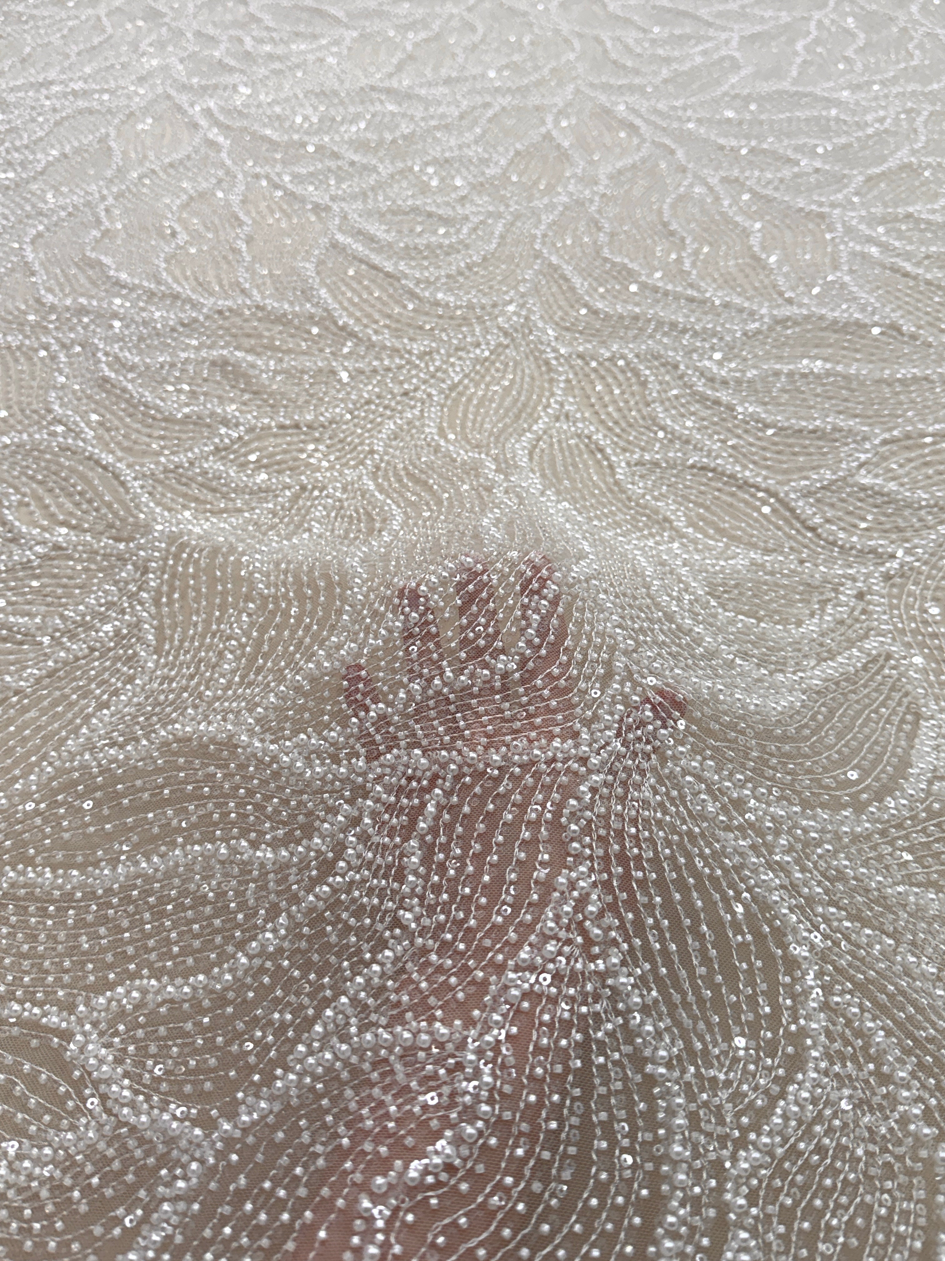 Dantela Couture Ivory cu Model Geometric, cu Perle, Margele si Paiete