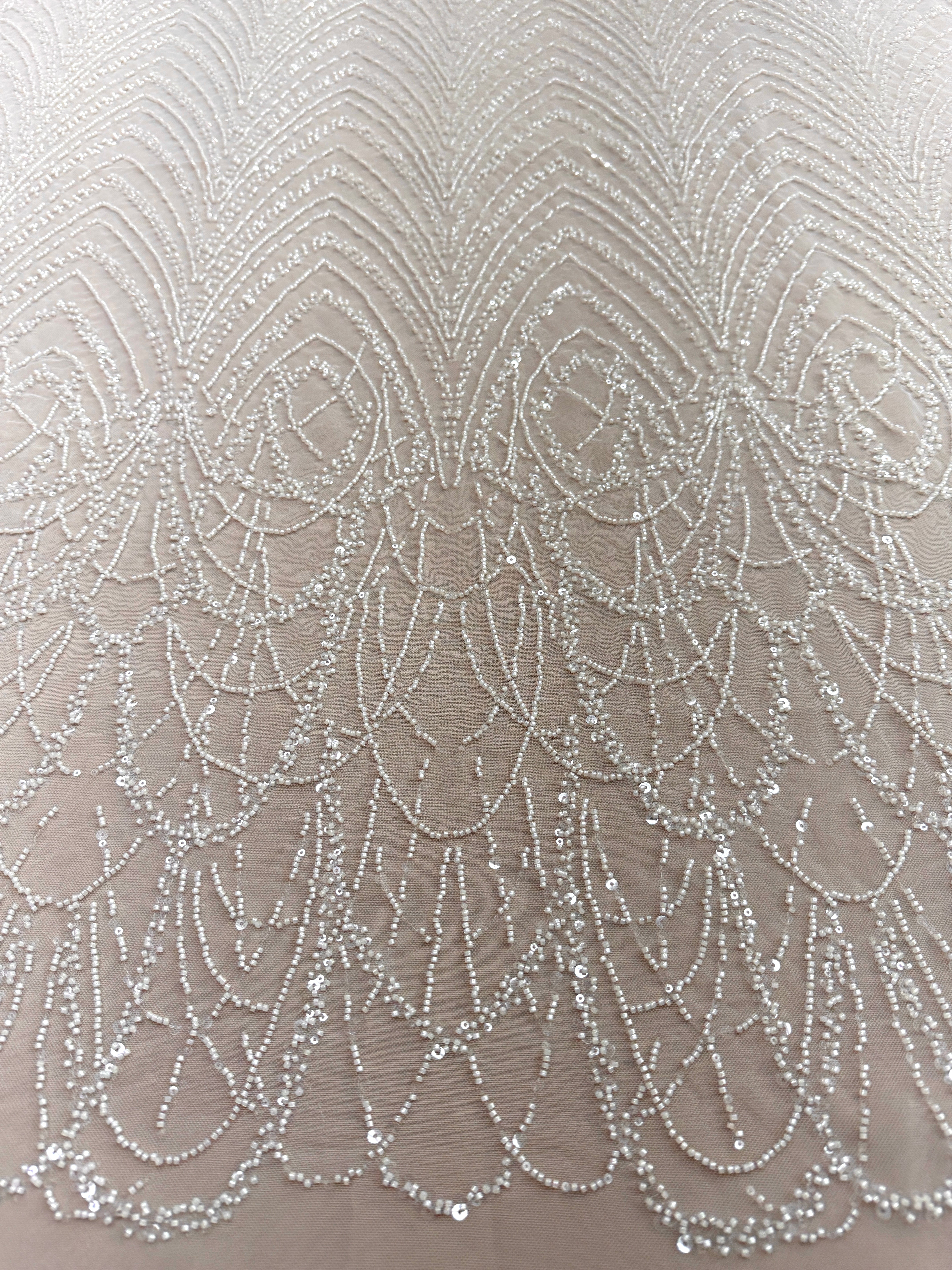 Dantela Couture Ivory cu Model Geometric cu Margele si Paiete