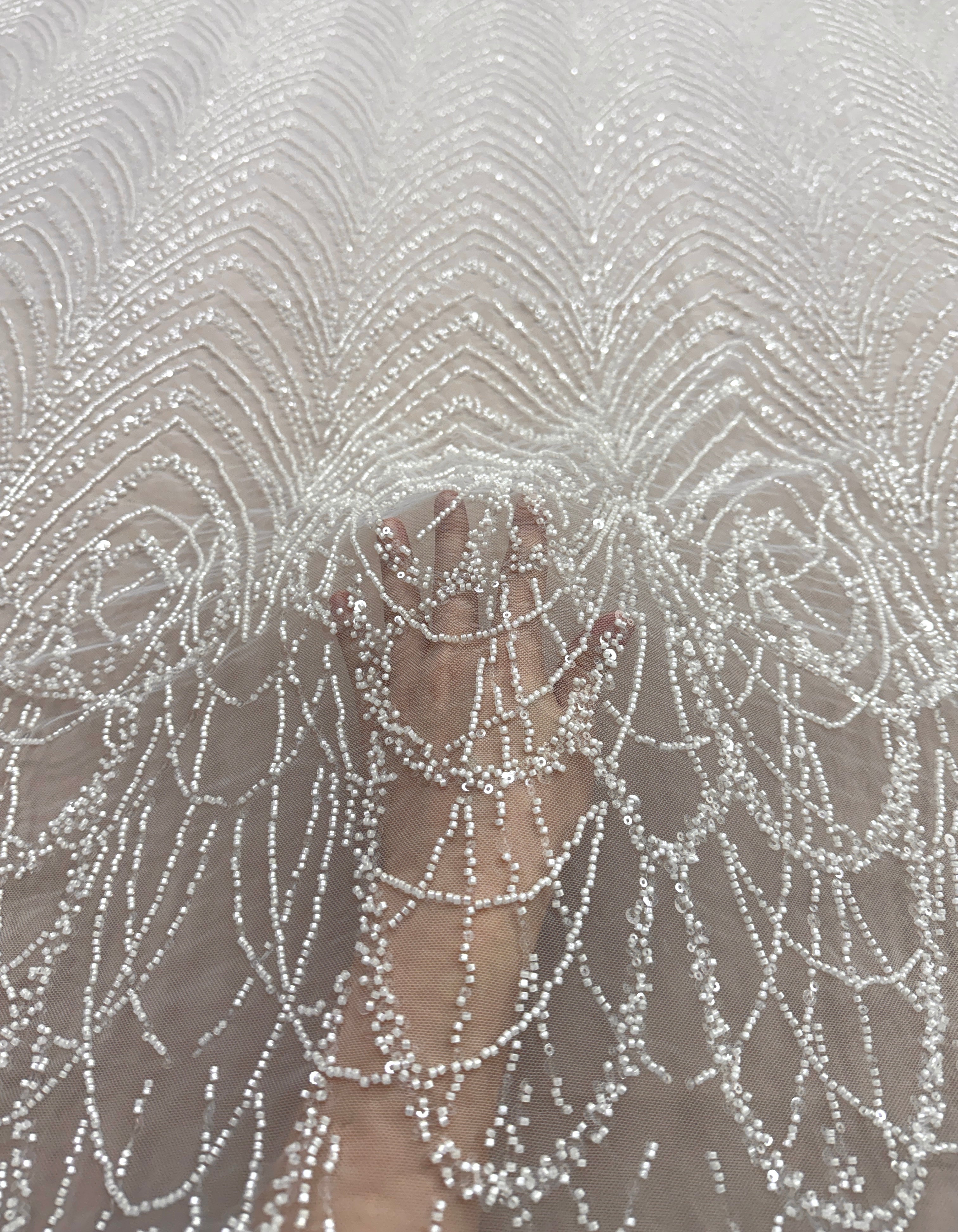 Dantela Couture Ivory cu Model Geometric cu Margele si Paiete