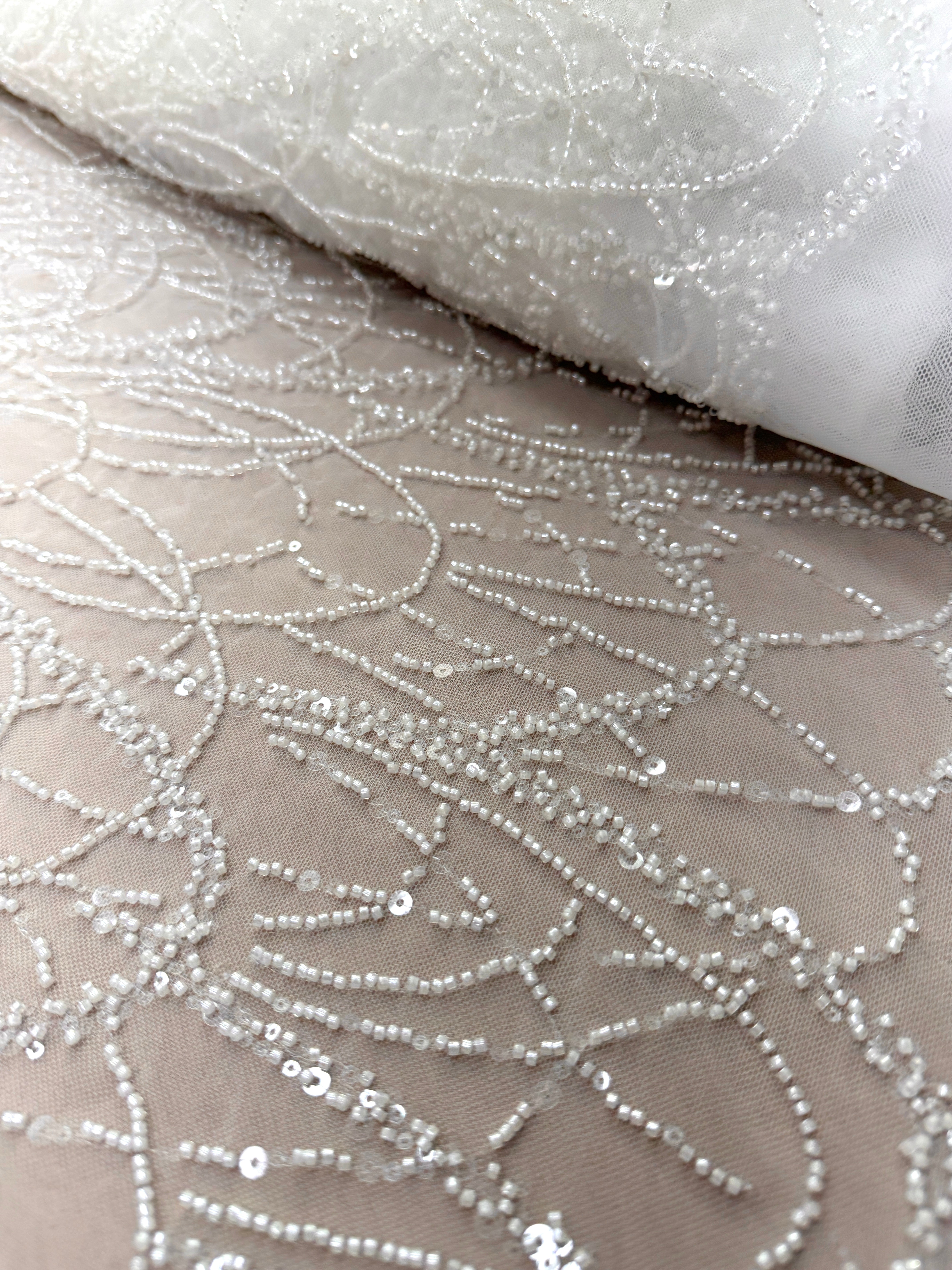 Dantela Couture Ivory cu Model Geometric cu Margele si Paiete