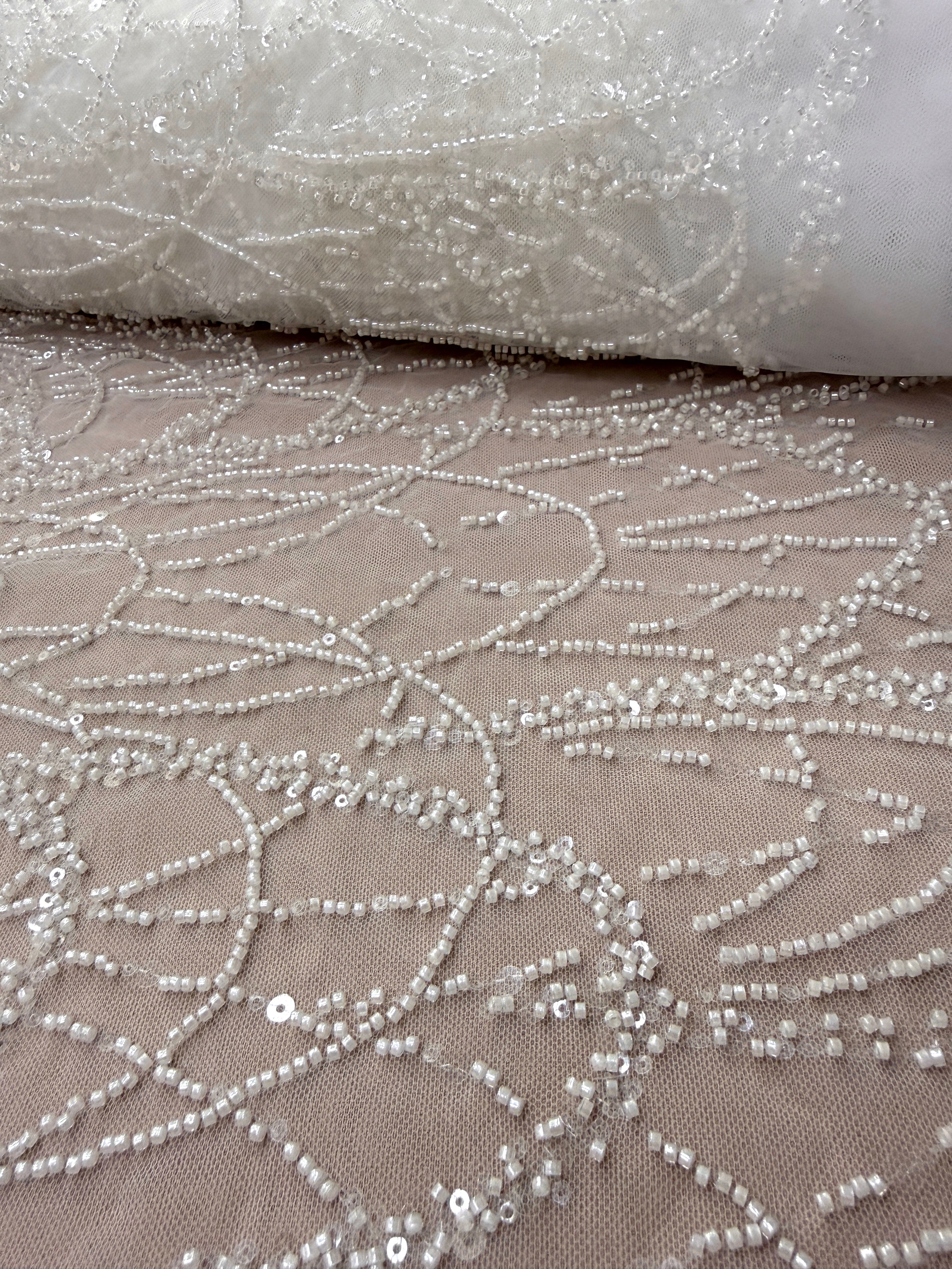 Dantela Couture Ivory cu Model Geometric cu Margele si Paiete