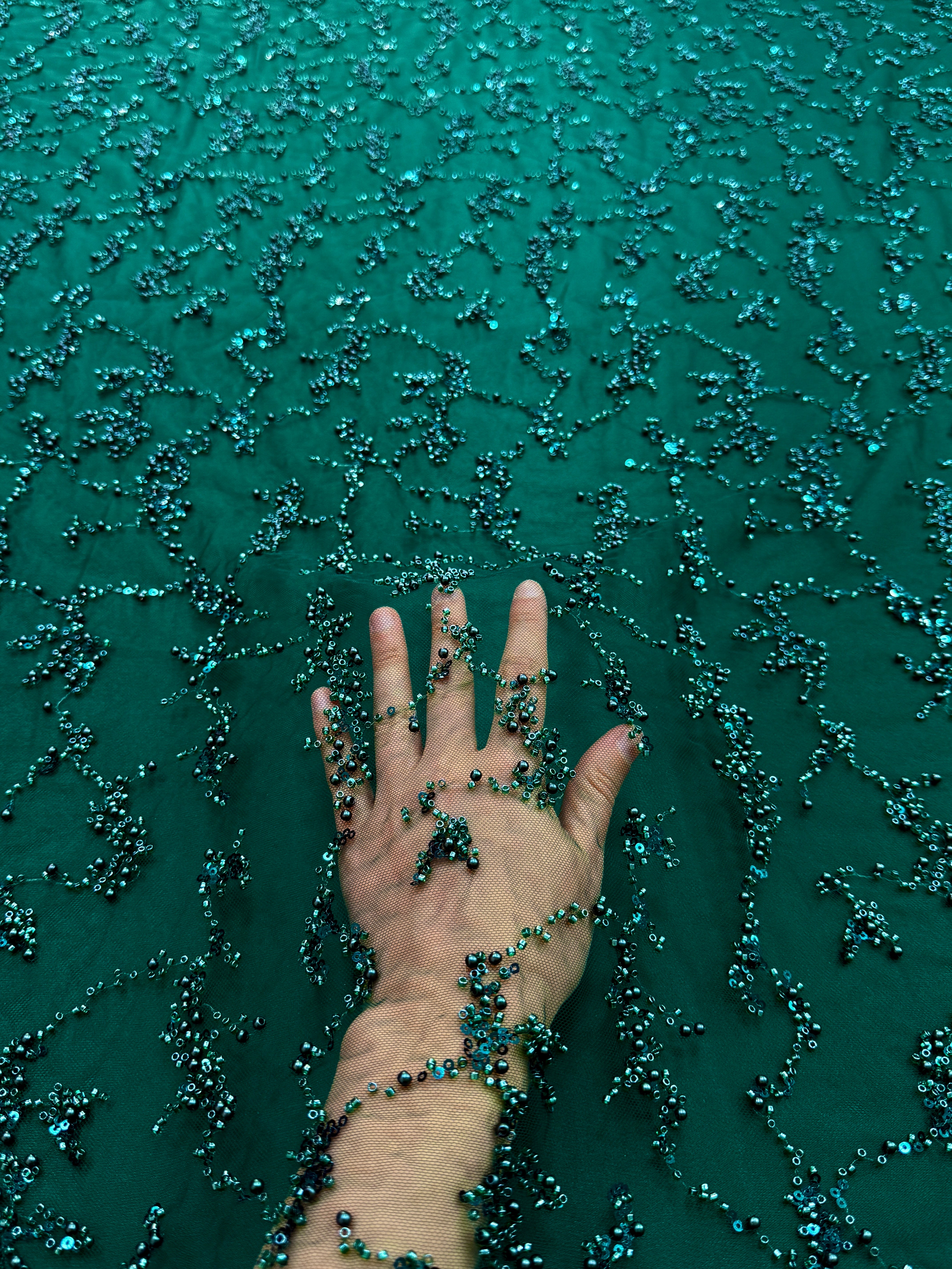Emerald Green Couture Lace with Pearls, Beads and Sequins