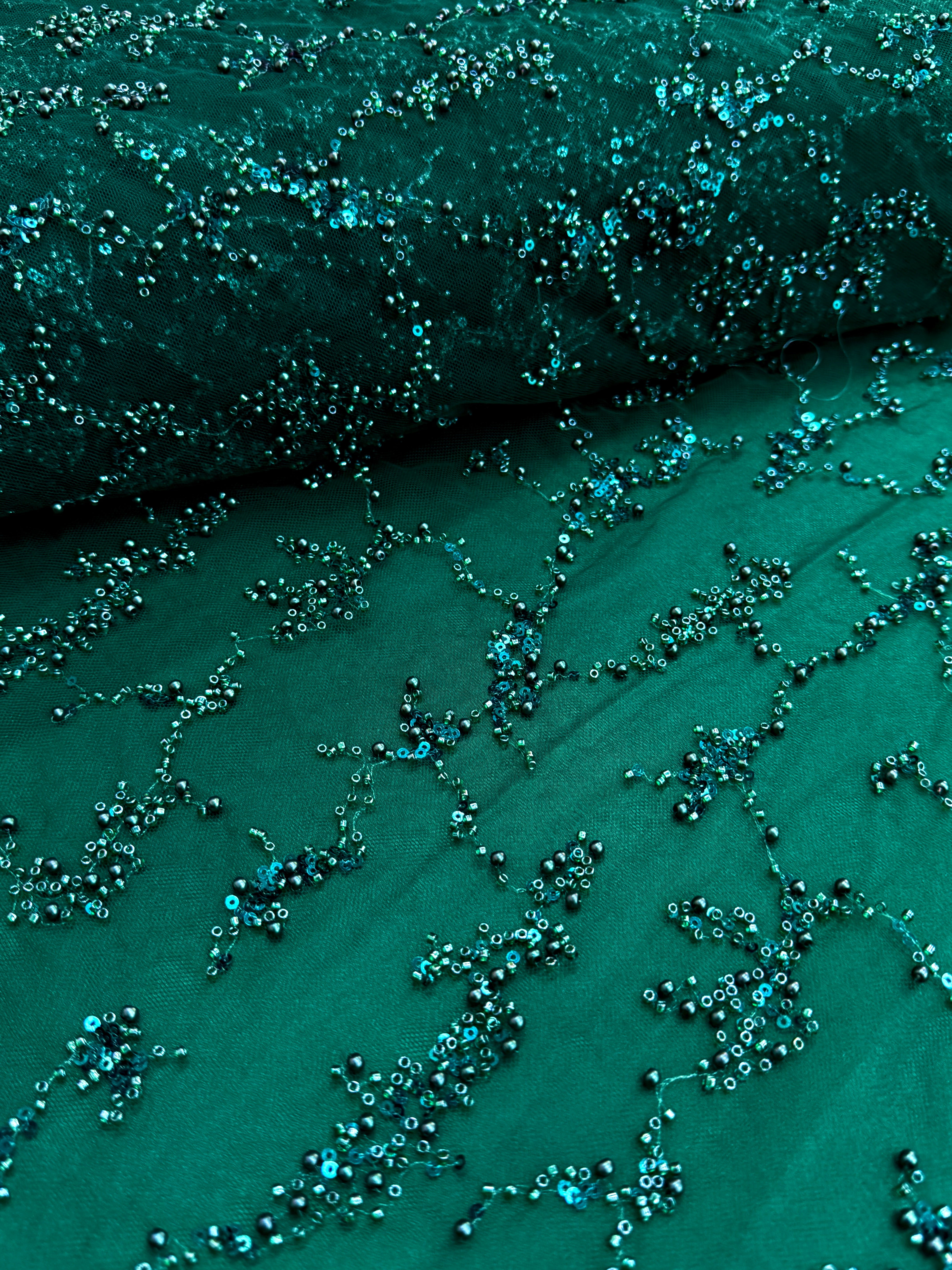 Emerald Green Couture Lace with Pearls, Beads and Sequins