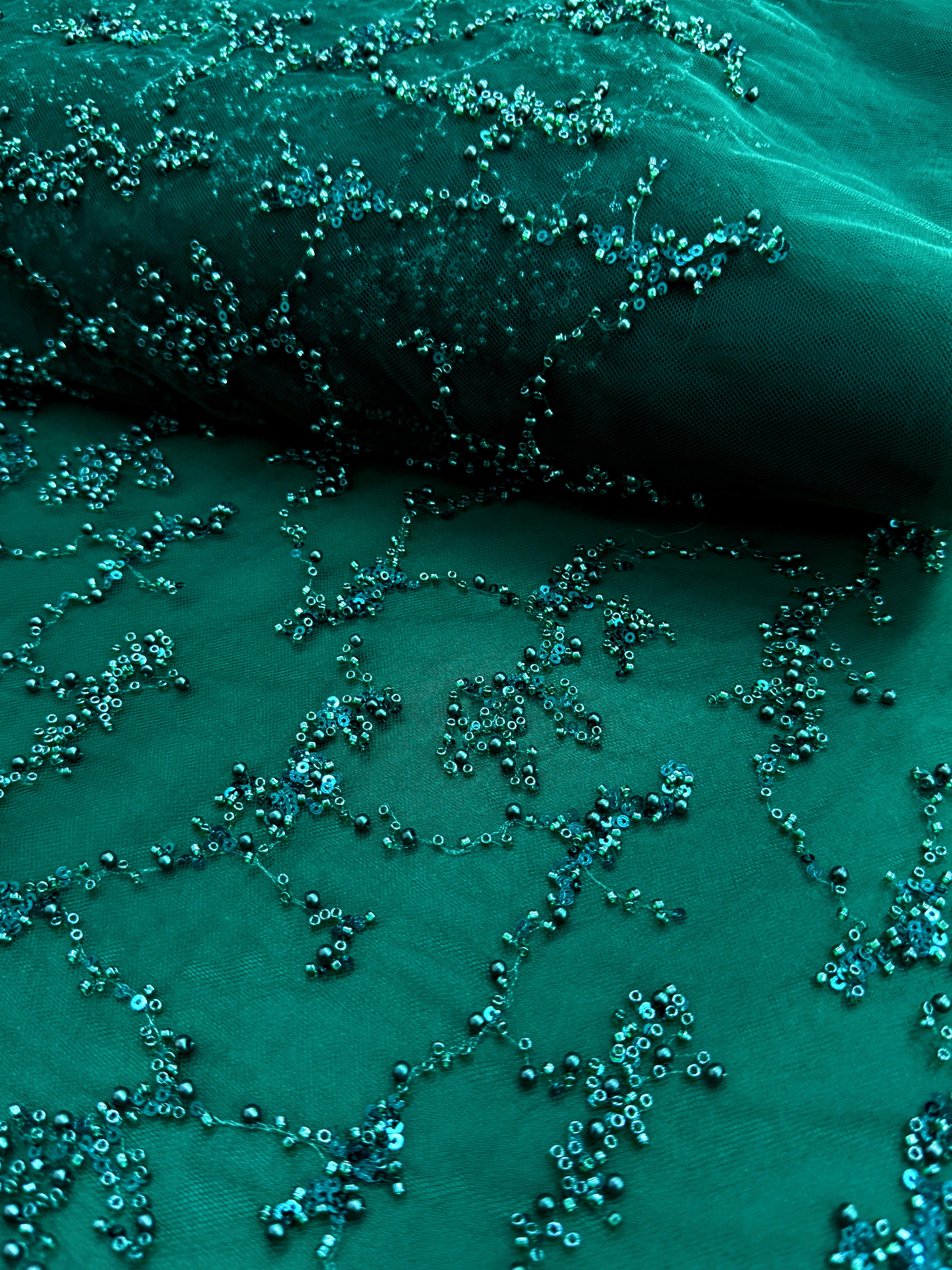 Emerald Green Couture Lace with Pearls, Beads and Sequins