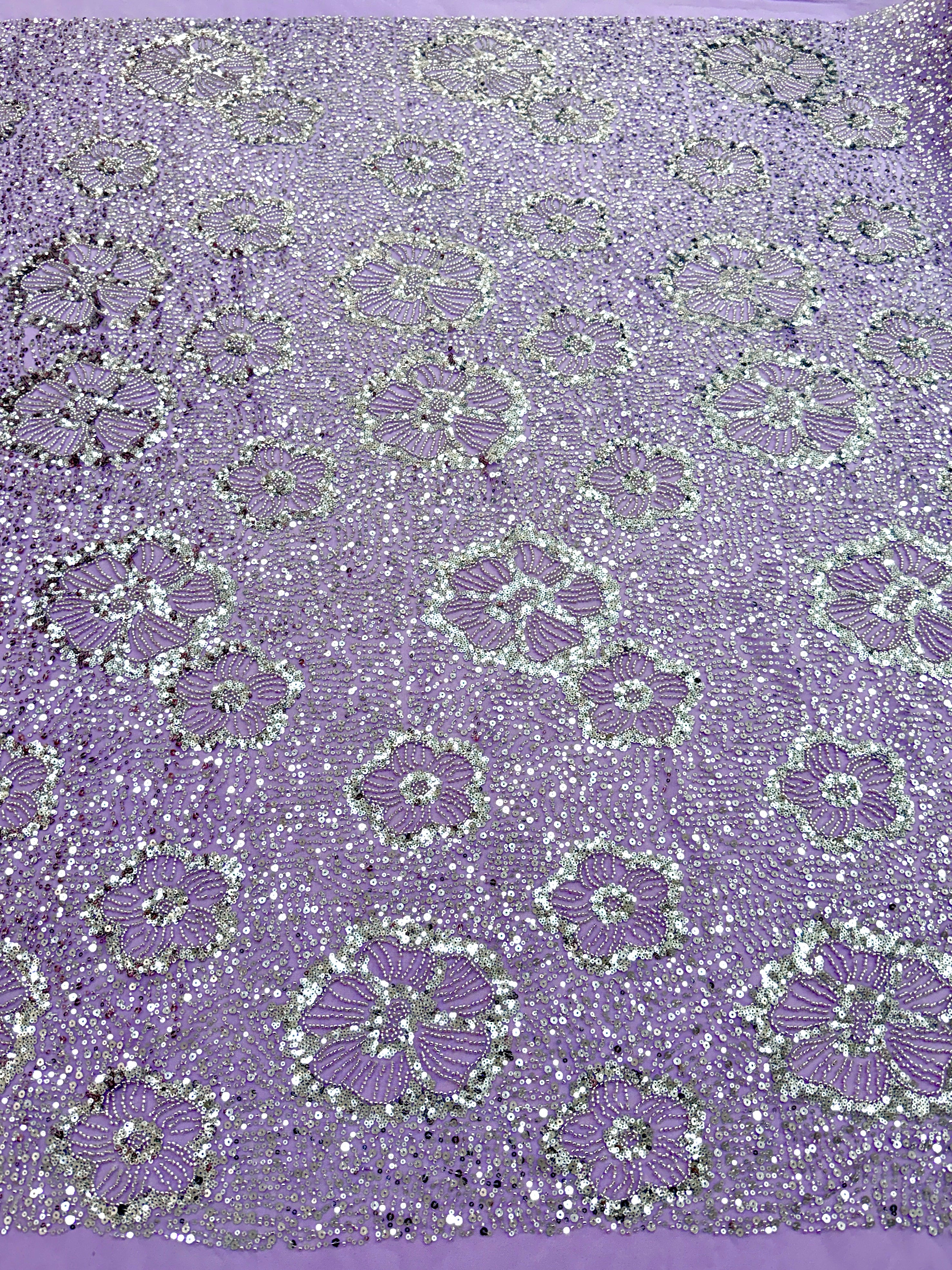Dantela Couture Argintie pe Tulle Lavanda cu Model Floral, cu Margele si Paiete