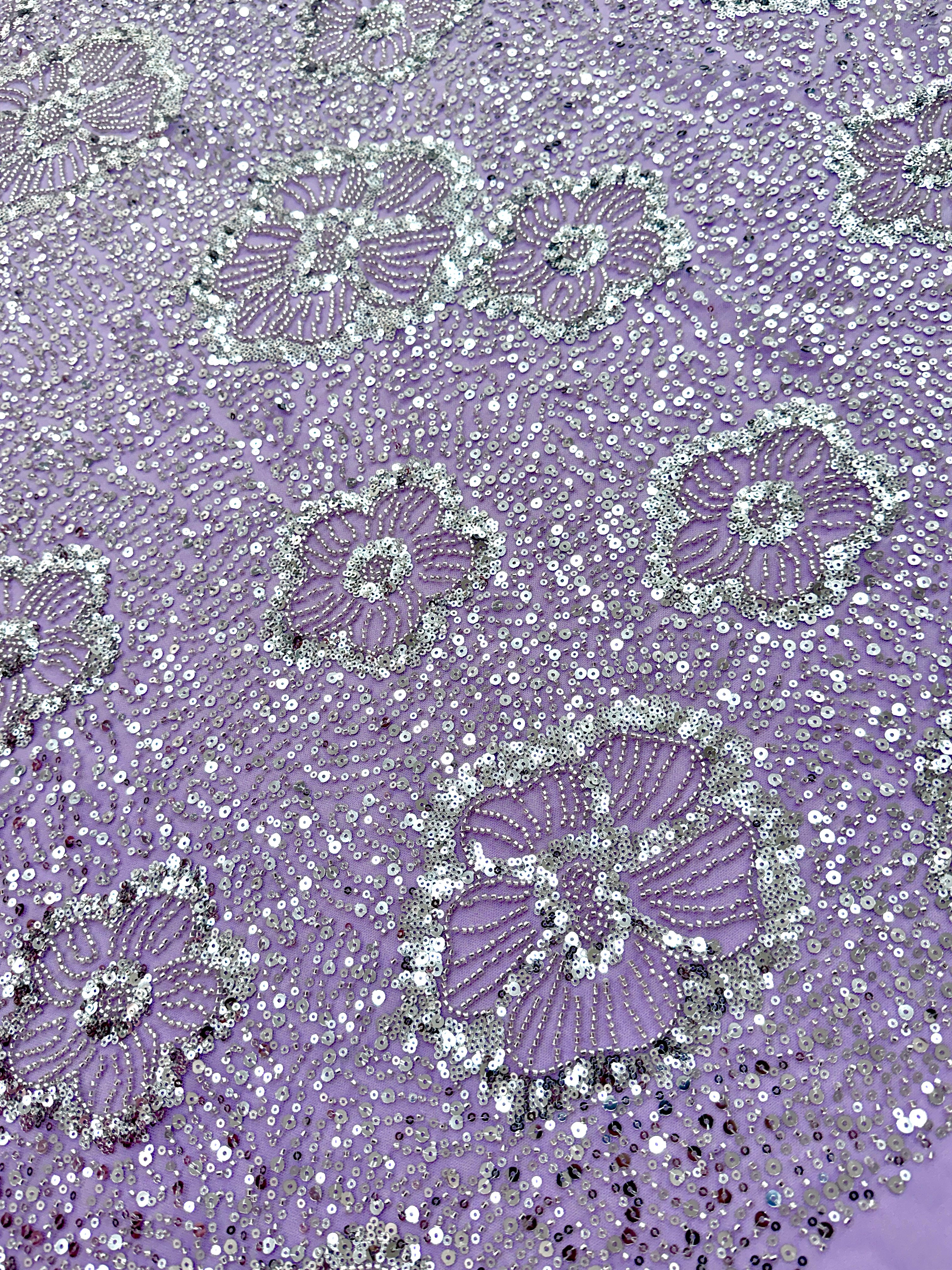 Dantela Couture Argintie pe Tulle Lavanda cu Model Floral, cu Margele si Paiete