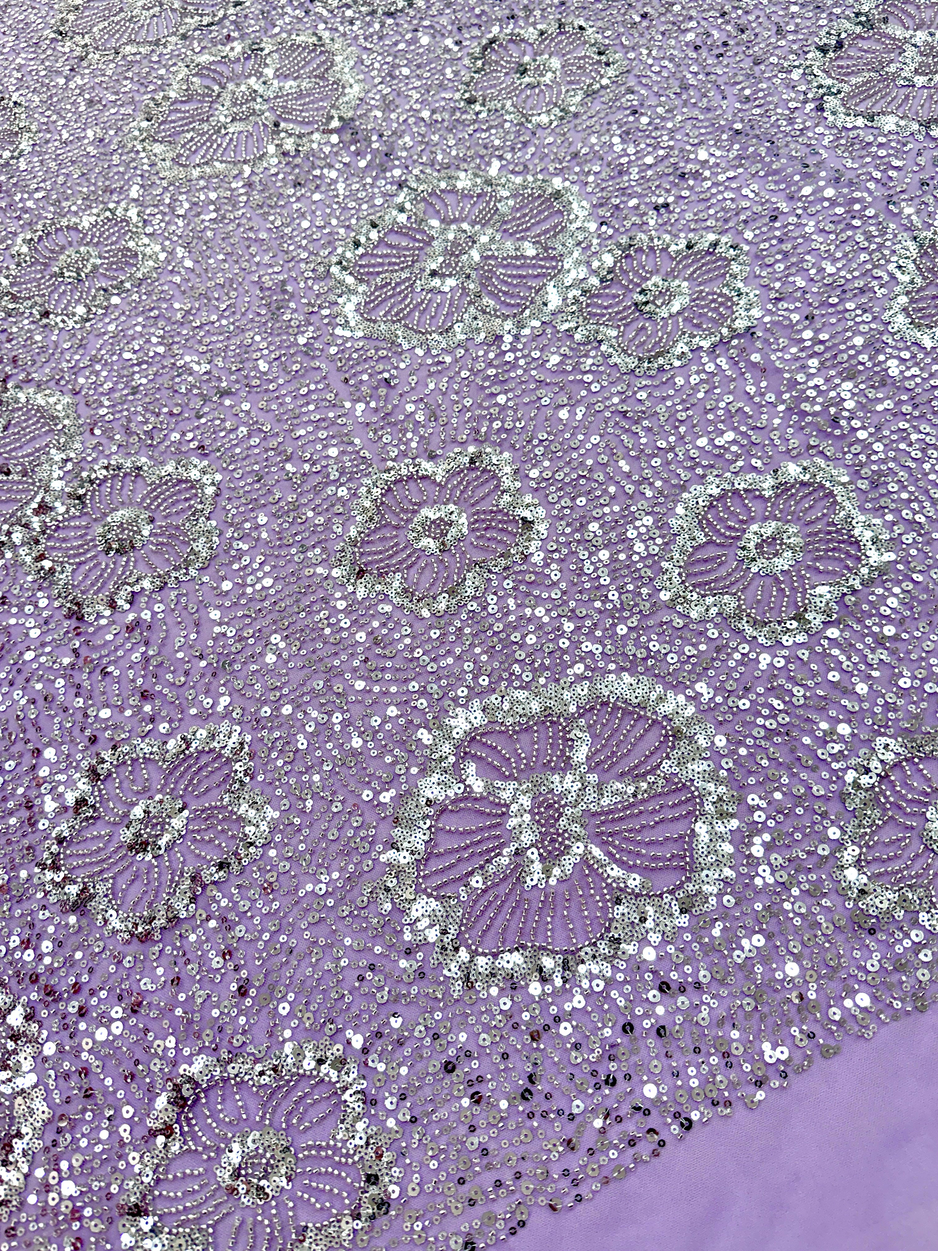 Dantela Couture Argintie pe Tulle Lavanda cu Model Floral, cu Margele si Paiete