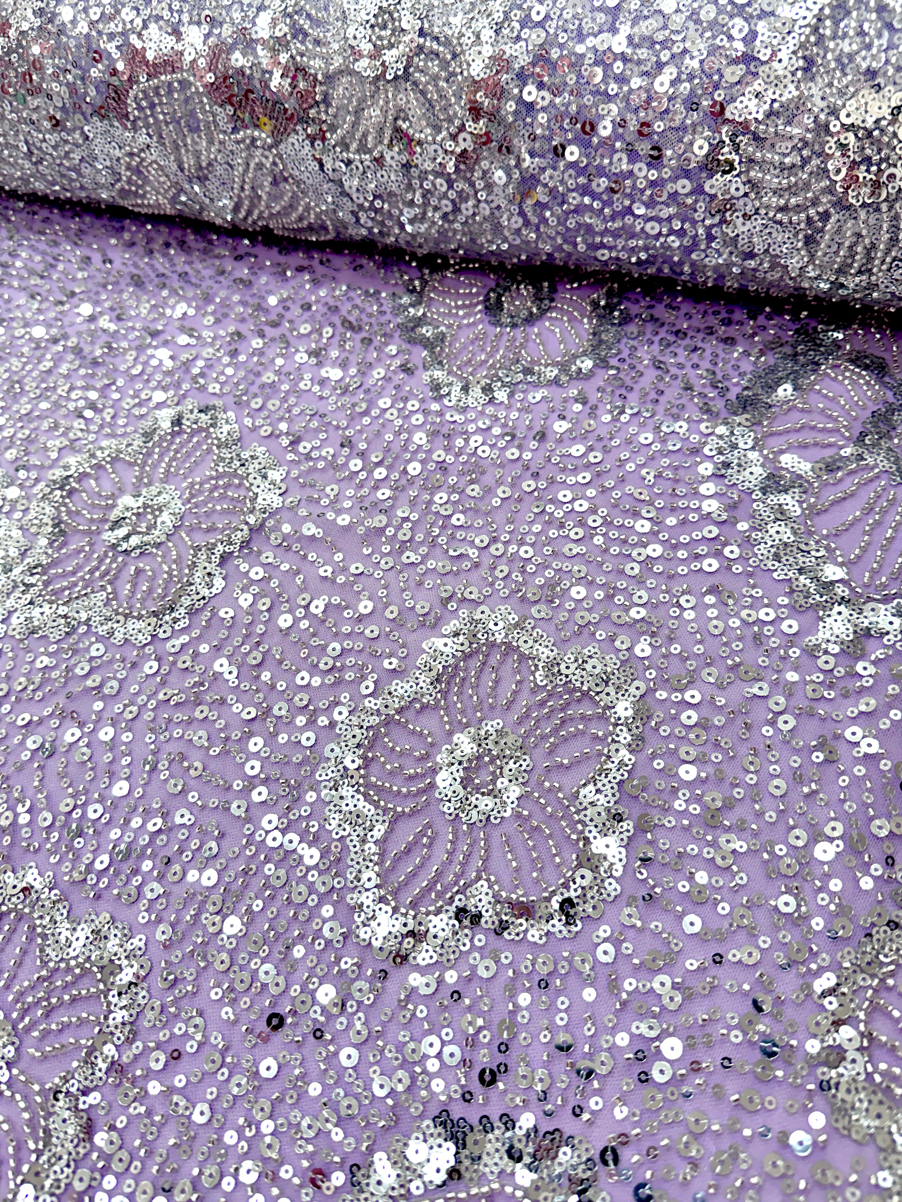 Dantela Couture Argintie pe Tulle Lavanda cu Model Floral, cu Margele si Paiete