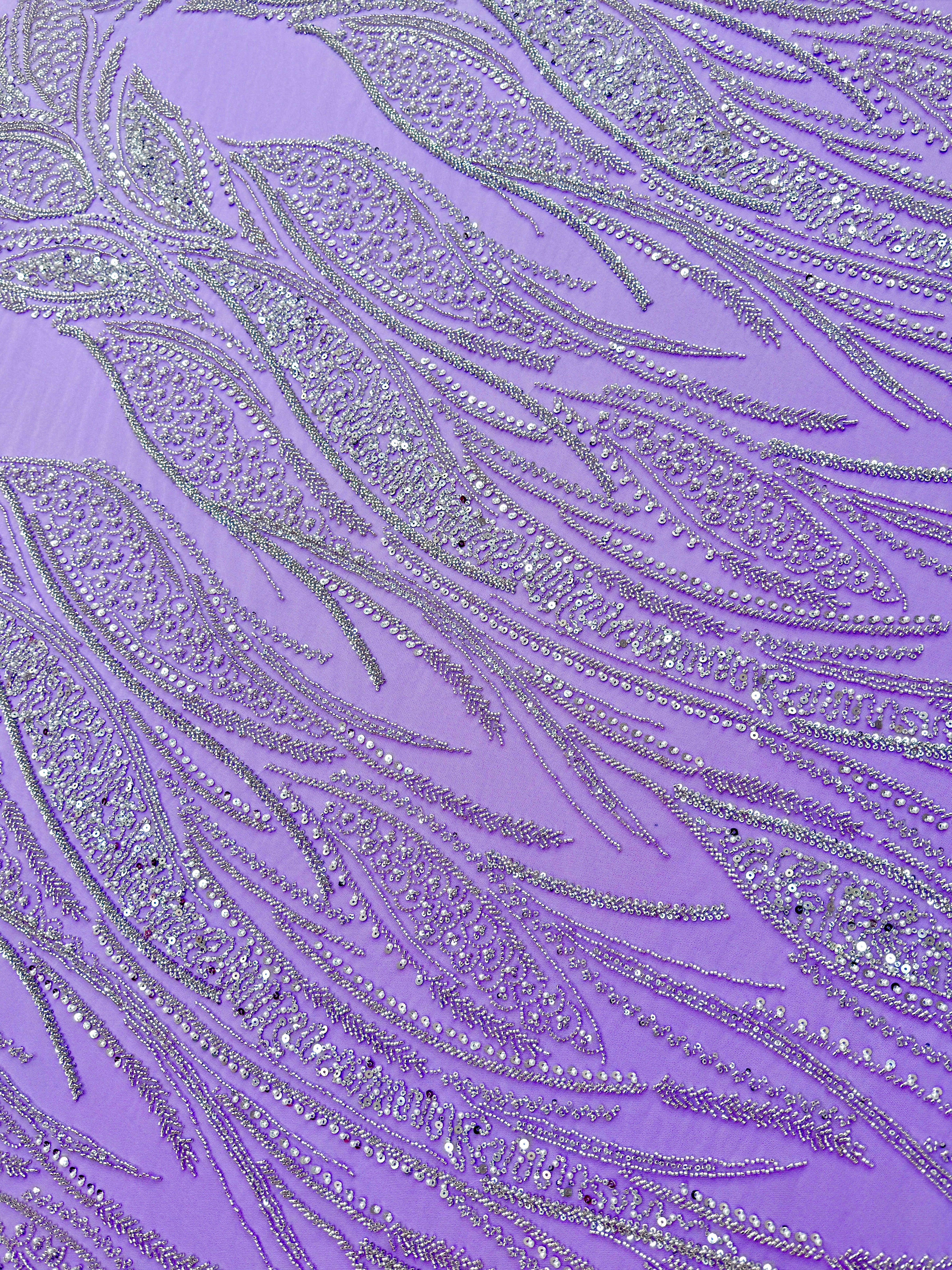 Dantela Couture Argintie pe Tulle Lavanda cu Panou, cu Perle, Margele si Paiete