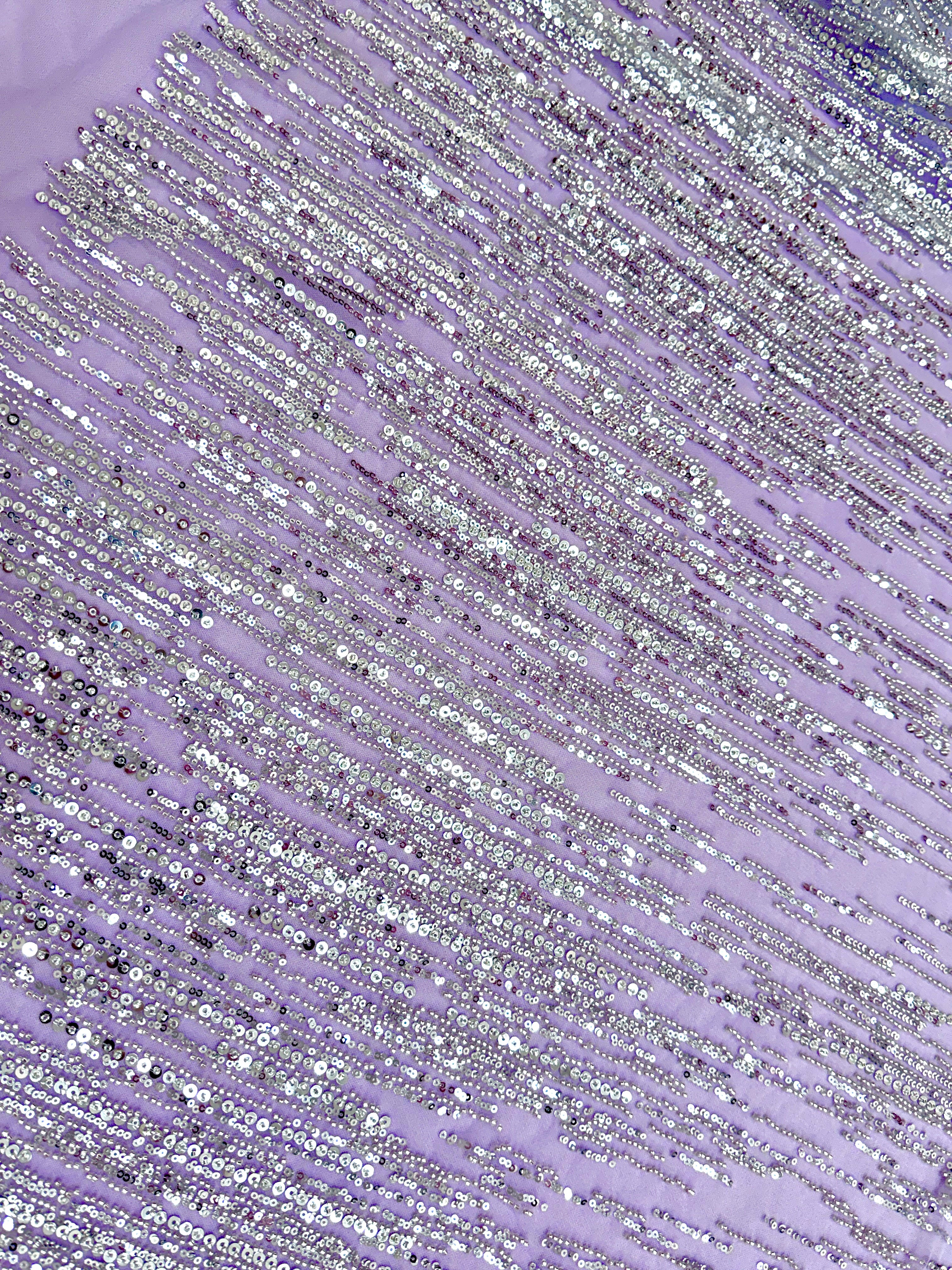 Dantela Couture Argintie pe Tulle Lavanda cu Model Liniar, cu Margele si Paiete