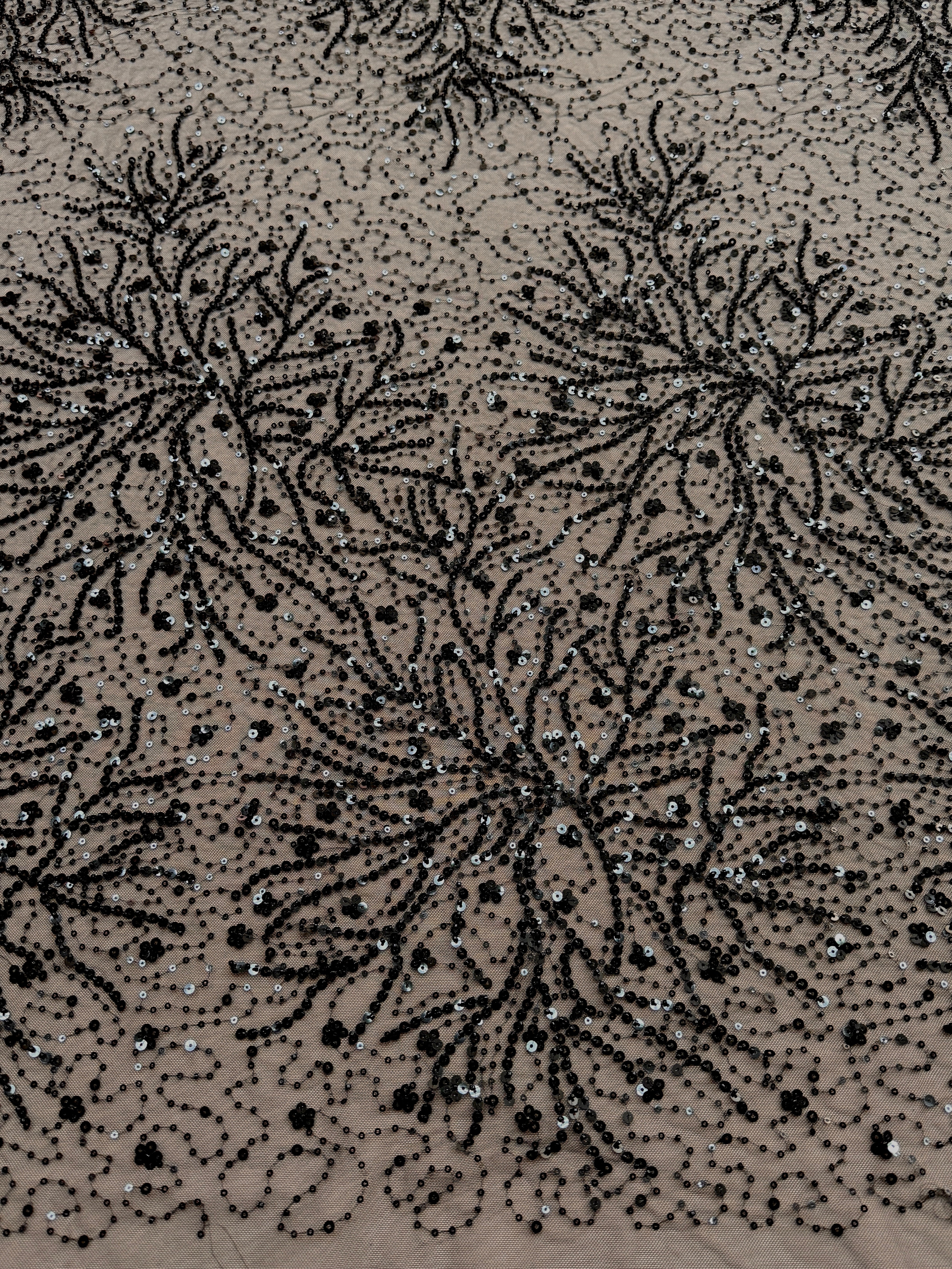 Dantela Couture Neagra cu Model Floral, cu Margele si Paiete