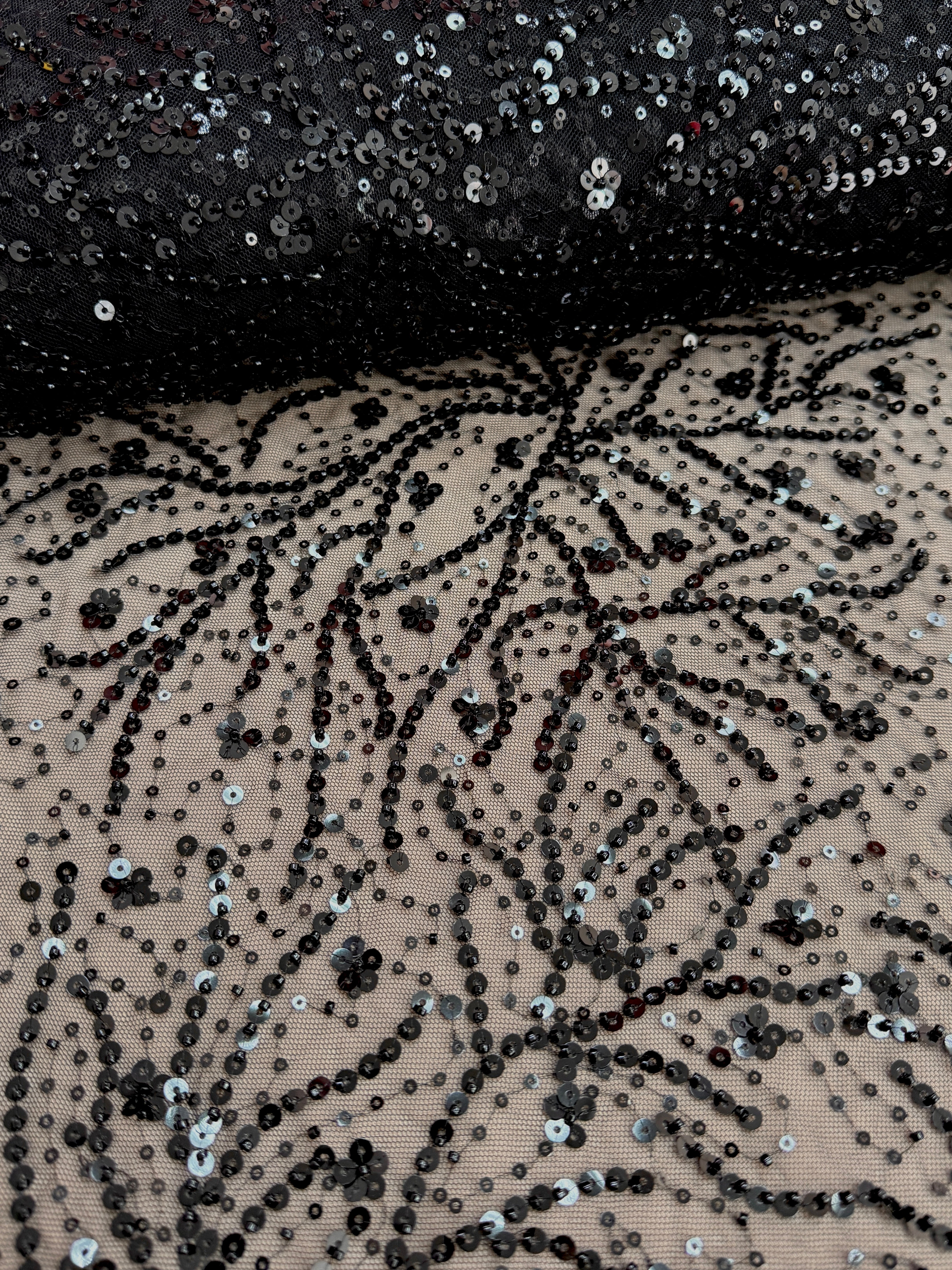 Dantela Couture Neagra cu Model Floral, cu Margele si Paiete