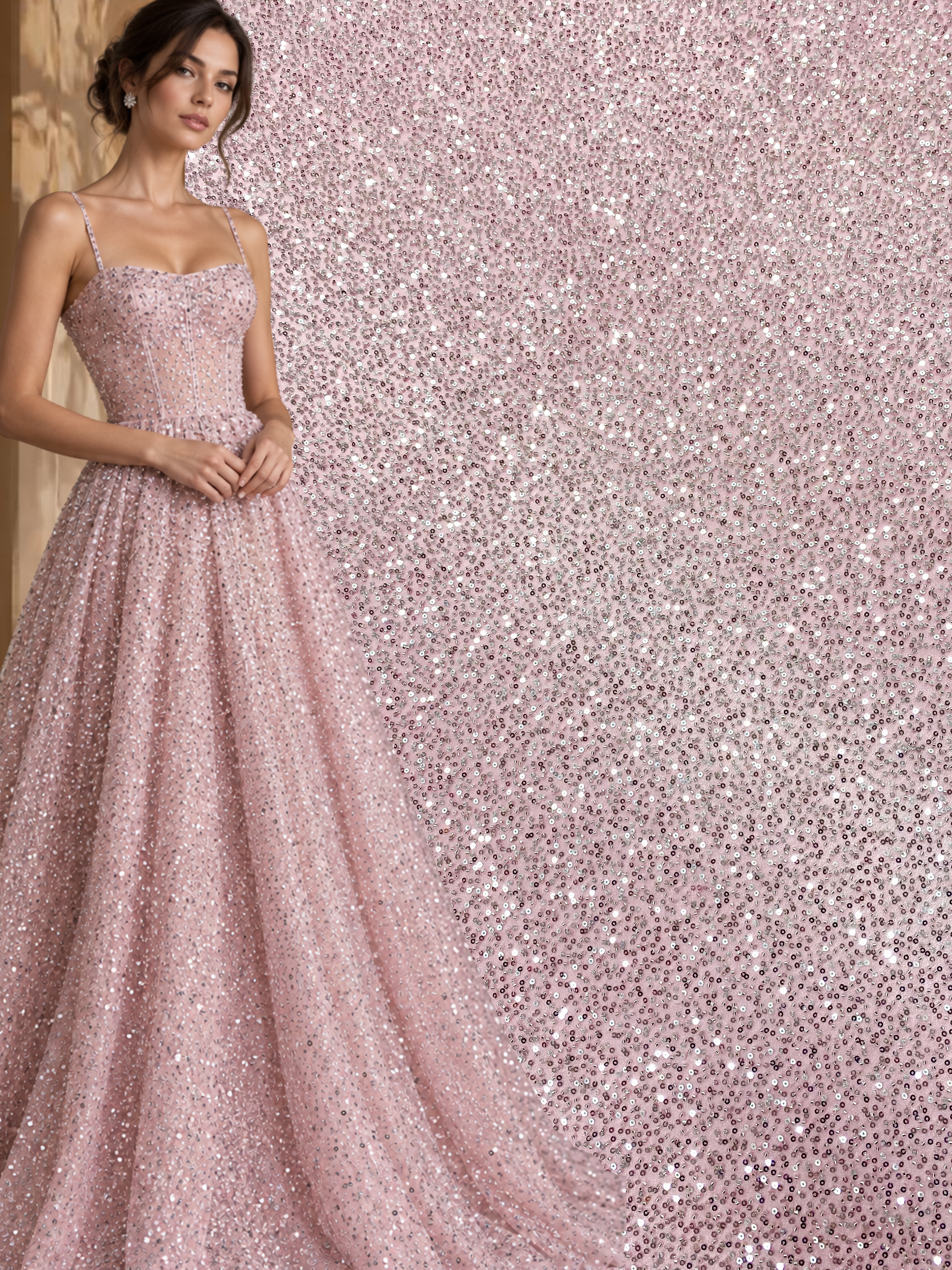 Dantela Couture Argintie pe Tulle Roz cu Model General, cu Margele si Paiete