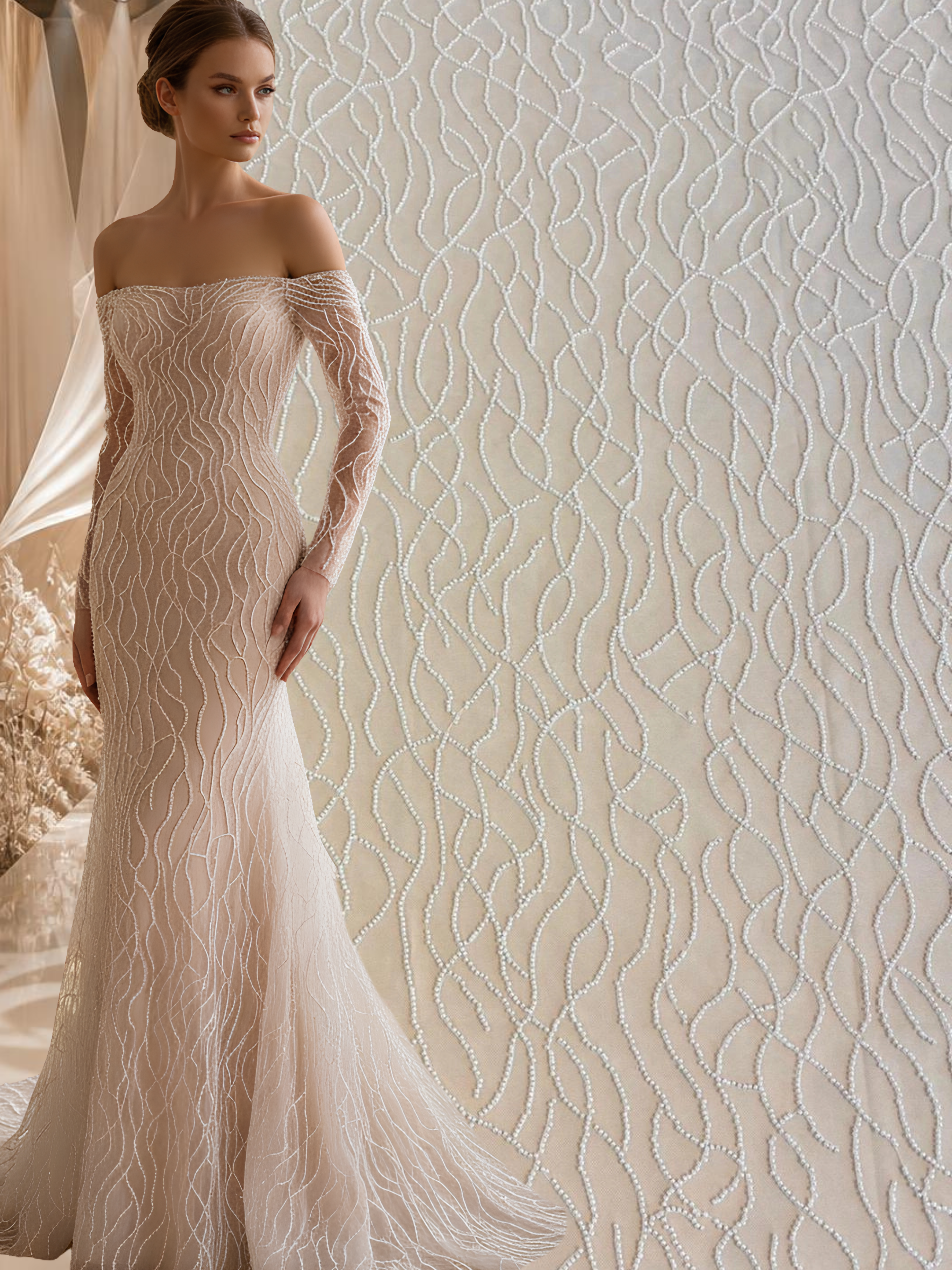 Ivory Couture Lace with Beaded Strings