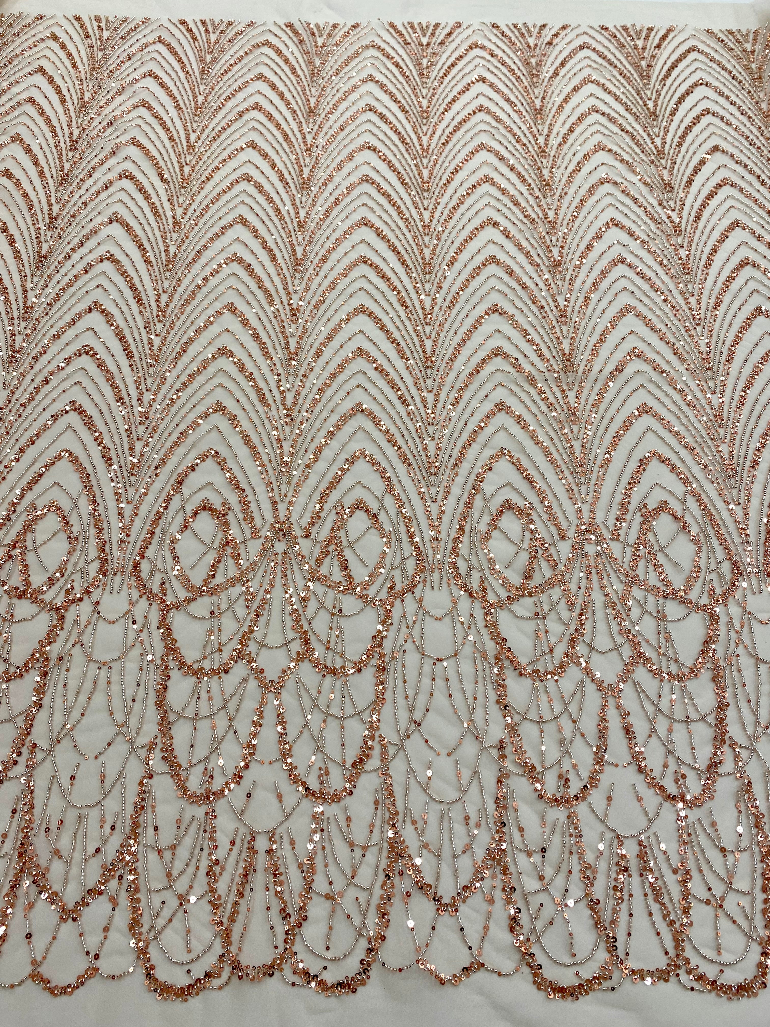 Dantela Couture Auriu Rose cu Model Geometric cu Margele si Paiete